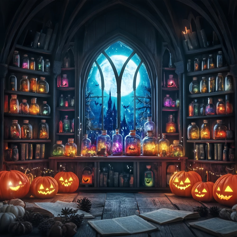 Halloween Wall Backdrop Moonlit Potion Room with Pumpkins and Jars Halloween Backdrop Ideas TWW58-24