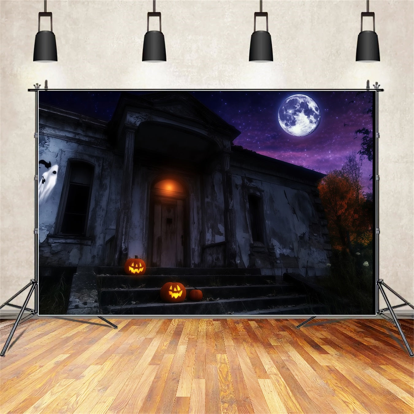 Haunted House Backdrop Haunted Mansion with Glowing Pumpkins Under Moon Halloween Backdrop Ideas TWW58-25