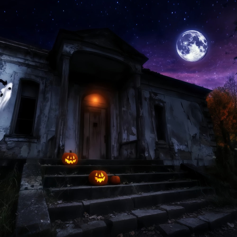 Haunted House Backdrop Haunted Mansion with Glowing Pumpkins Under Moon Halloween Backdrop Ideas TWW58-25