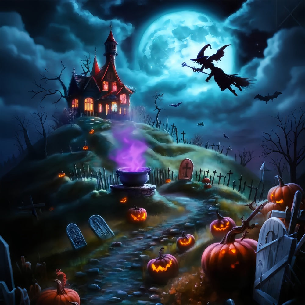 Halloween Witch Flying Over Spooky Hilltop Graveyard Halloween Backdrops for Photos TWW58-26