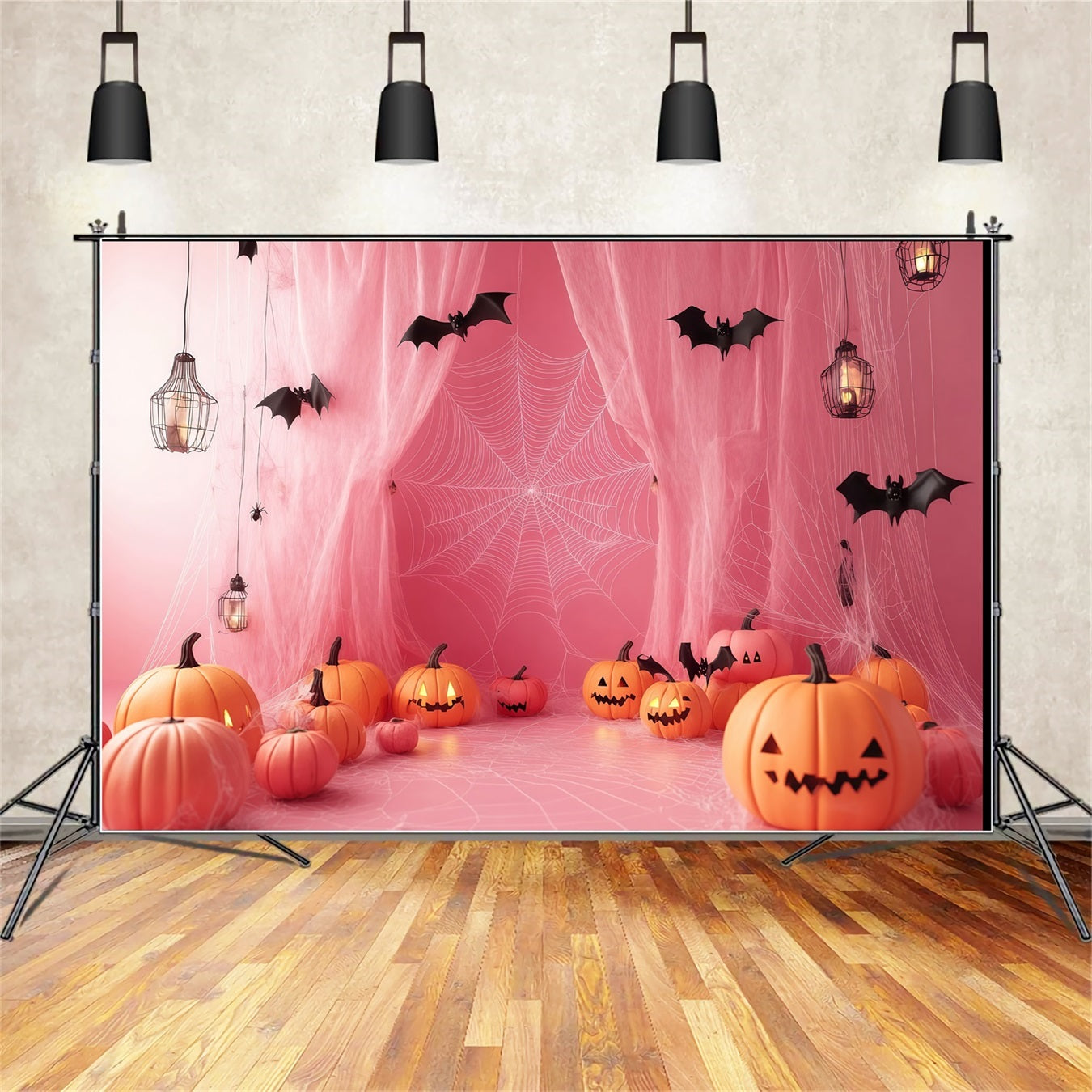 Halloween Pink Spiderweb Drapes with Jack-O’-Lanterns Halloween Backdrops for Photos TWW58-27
