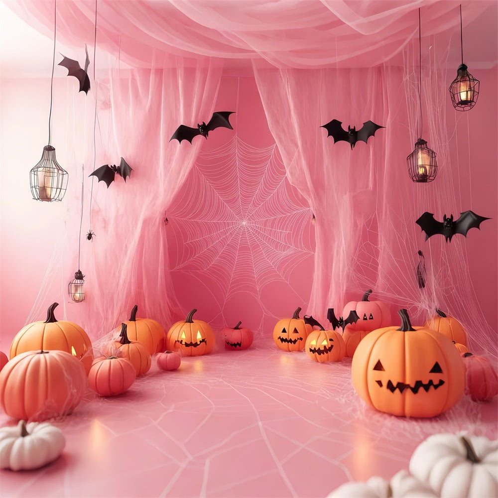Halloween Pink Spiderweb Drapes with Jack-O’-Lanterns Halloween Backdrops for Photos TWW58-27