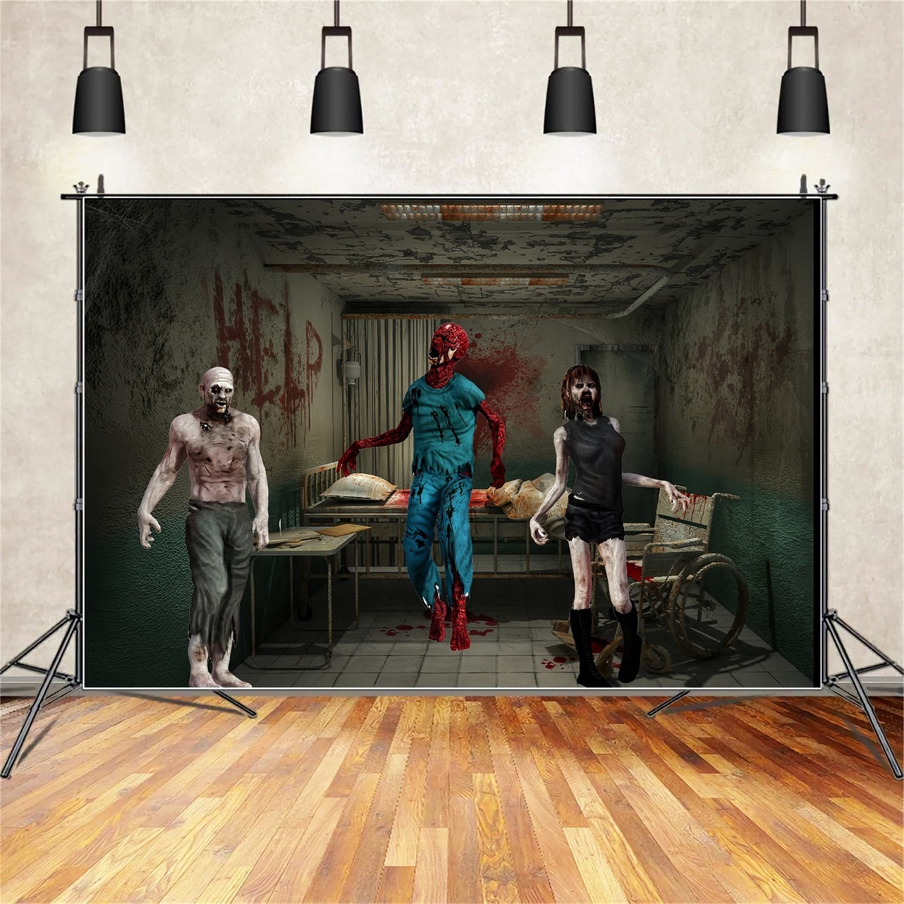 Garage Door Halloween Backdrop Bloodied Zombie Trio in Abandoned Hospital Room Scary Halloween Backdrops TWW58-28