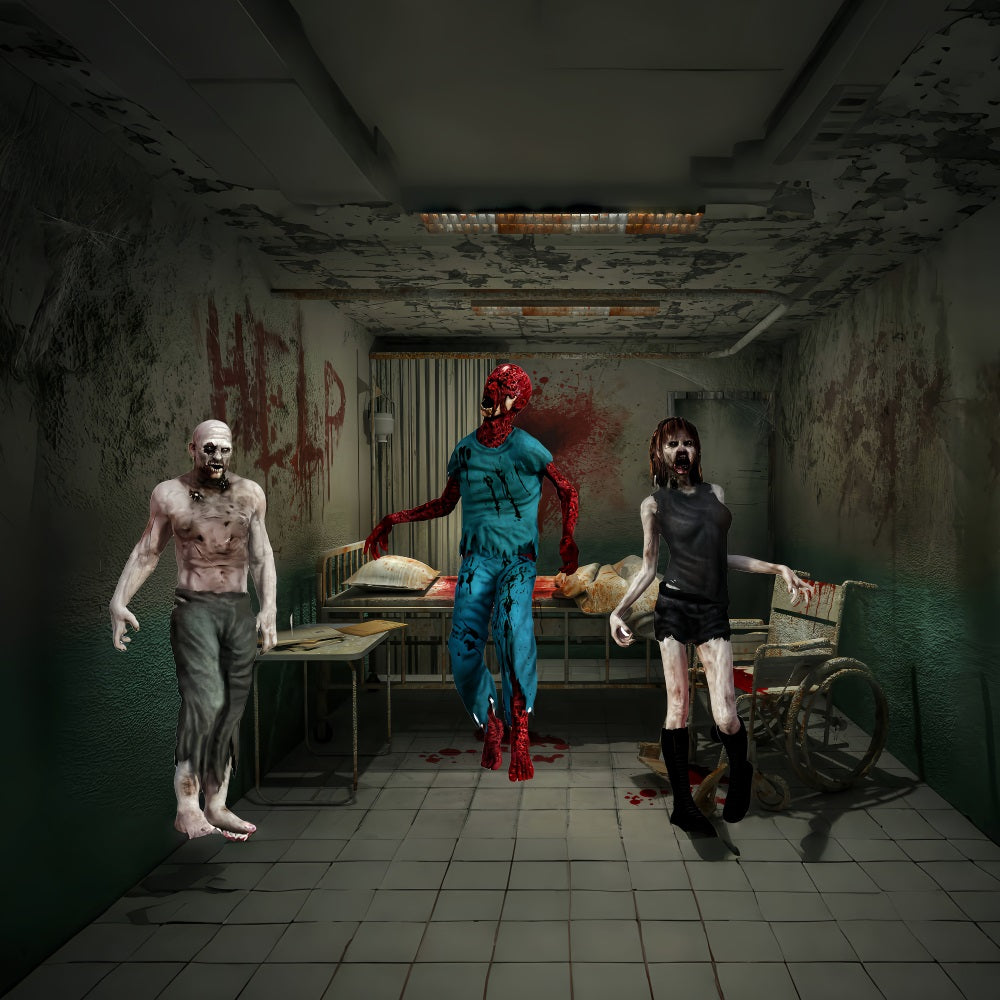 Garage Door Halloween Backdrop Bloodied Zombie Trio in Abandoned Hospital Room Scary Halloween Backdrops TWW58-28