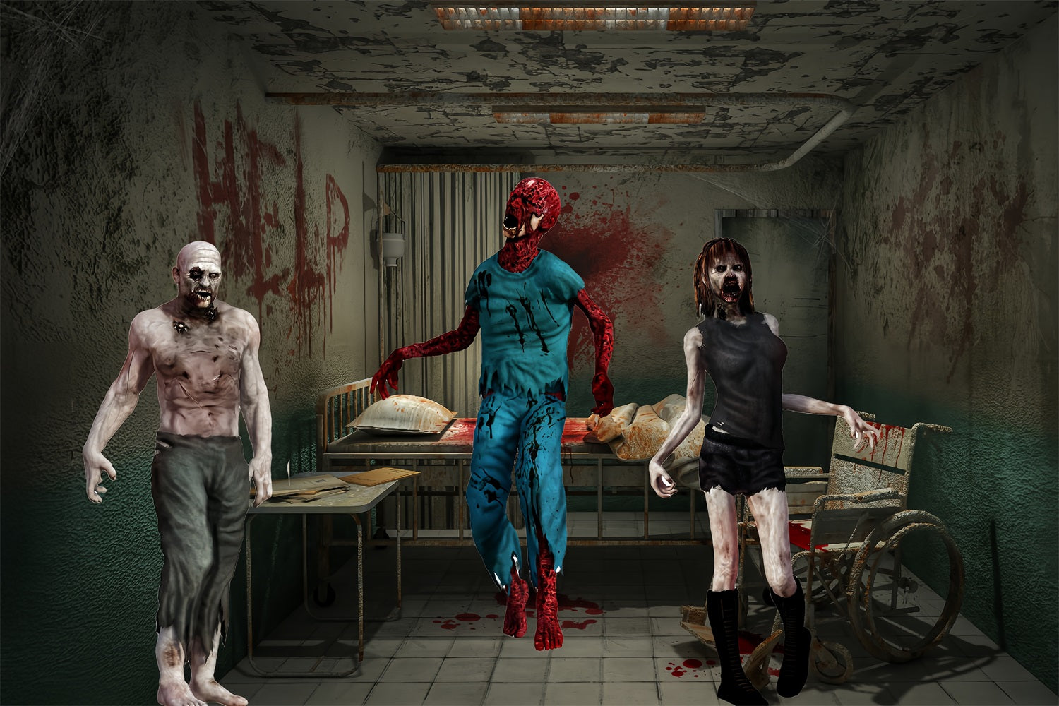 Garage Door Halloween Backdrop Bloodied Zombie Trio in Abandoned Hospital Room Scary Halloween Backdrops TWW58-28