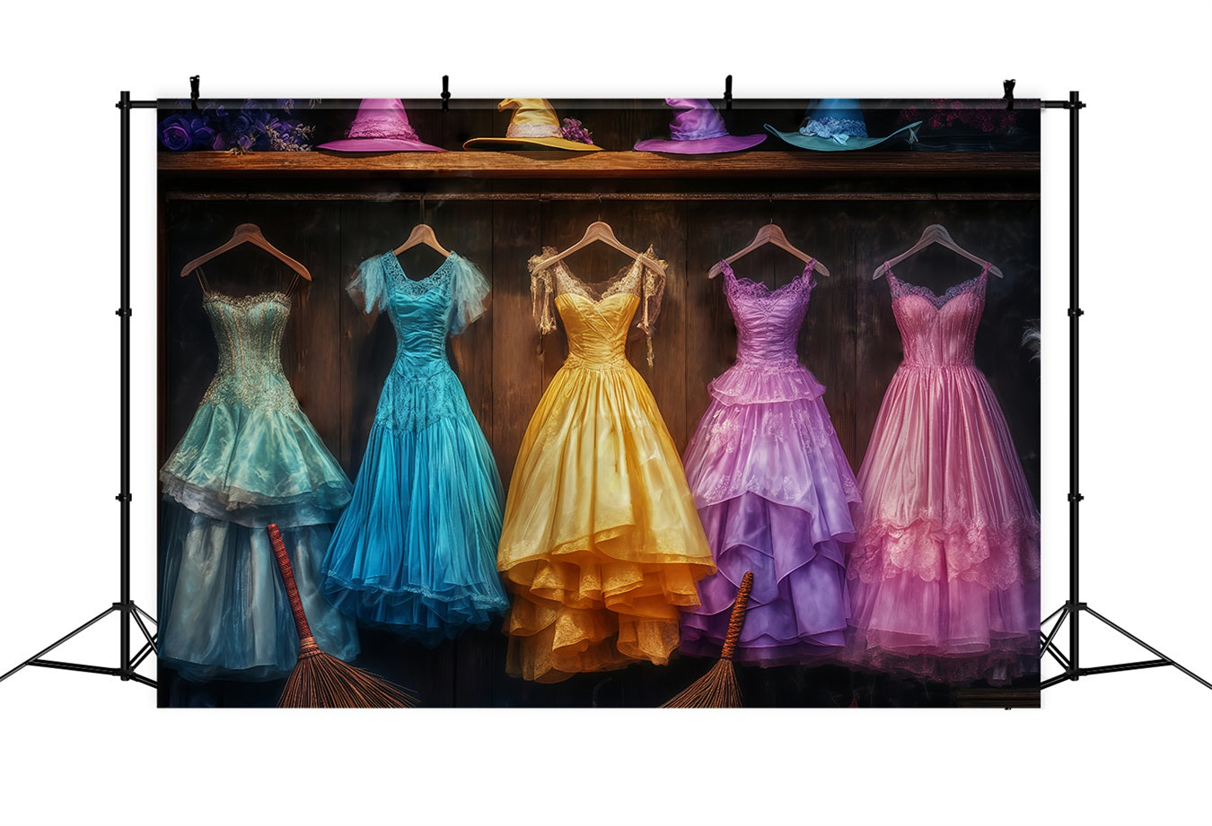 Halloween Colorful Witch Gowns with Matching Hats and Brooms Halloween Backdrops for Photos TWW58-29