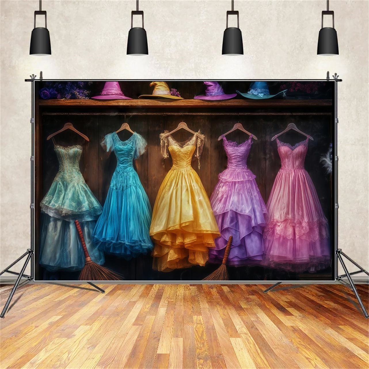 Halloween Colorful Witch Gowns with Matching Hats and Brooms Halloween Backdrops for Photos TWW58-29