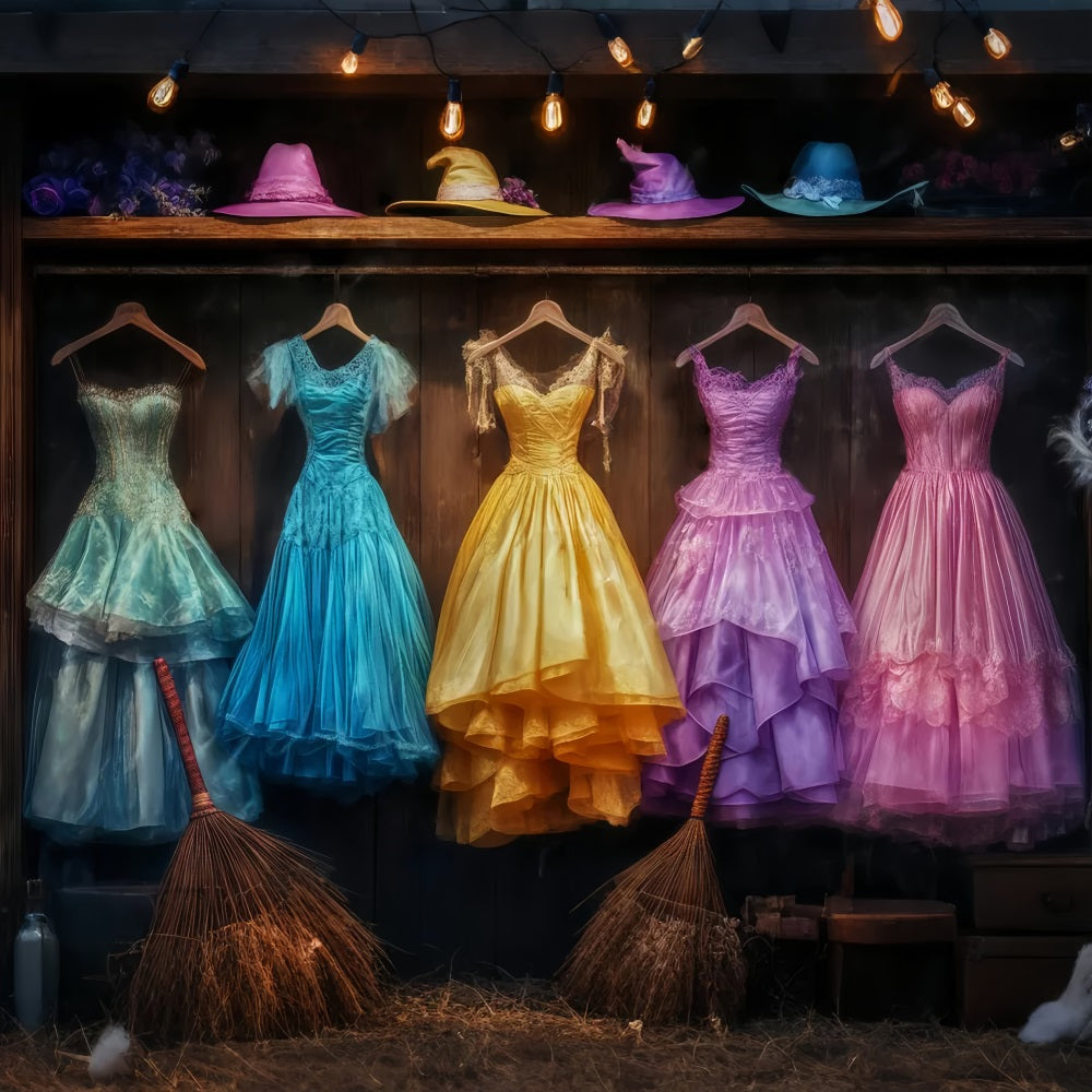 Halloween Colorful Witch Gowns with Matching Hats and Brooms Halloween Backdrops for Photos TWW58-29