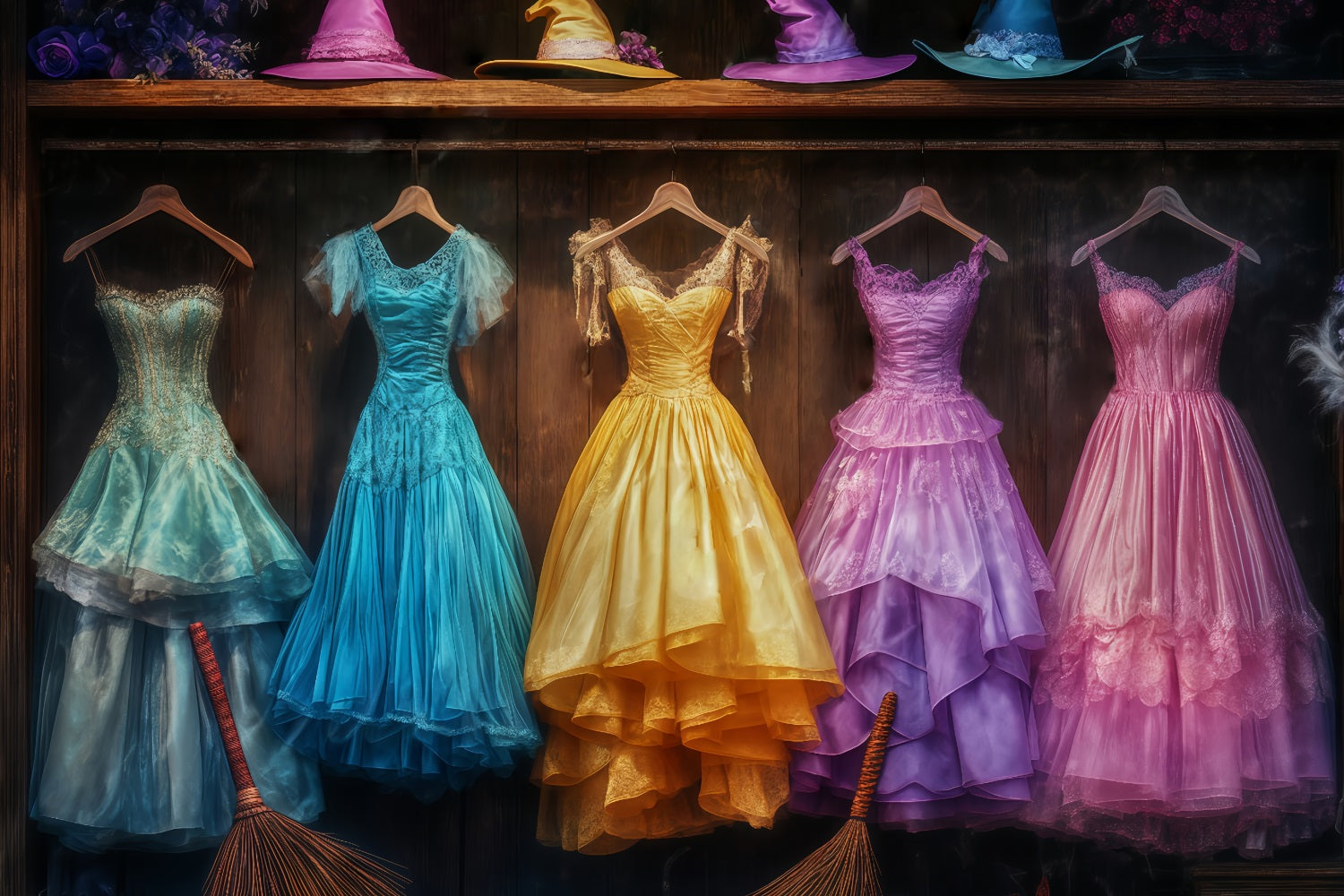 Halloween Colorful Witch Gowns with Matching Hats and Brooms Halloween Backdrops for Photos TWW58-29