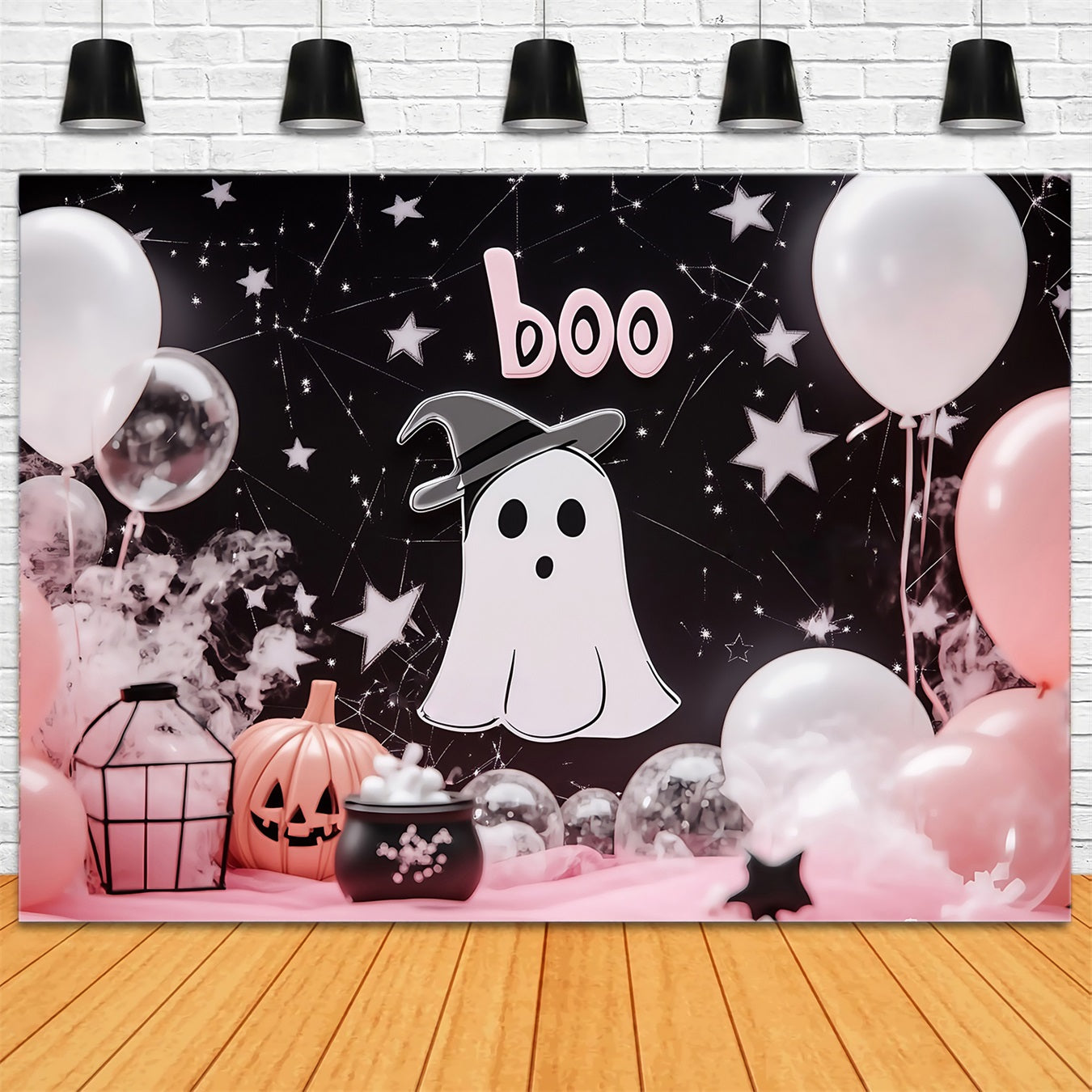 Halloween Wall Backdrop Cute Ghost with Pink Balloon Decor Halloween Backdrop TWW58-3