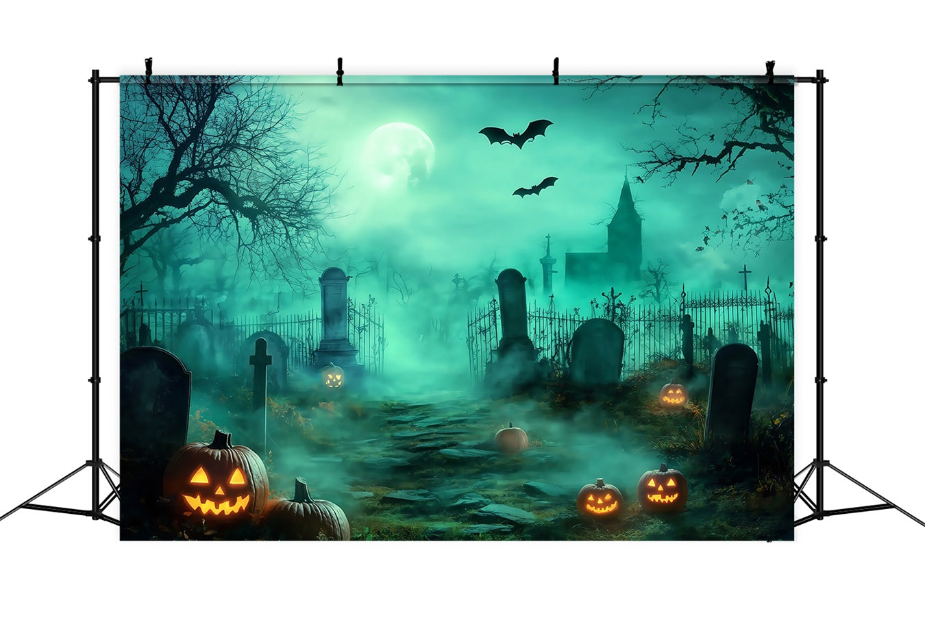 Halloween Graveyard Backdrop Foggy Graveyard Path with Glowing Jack-O’-Lanterns Halloween Backdrops for Photos TWW58-30