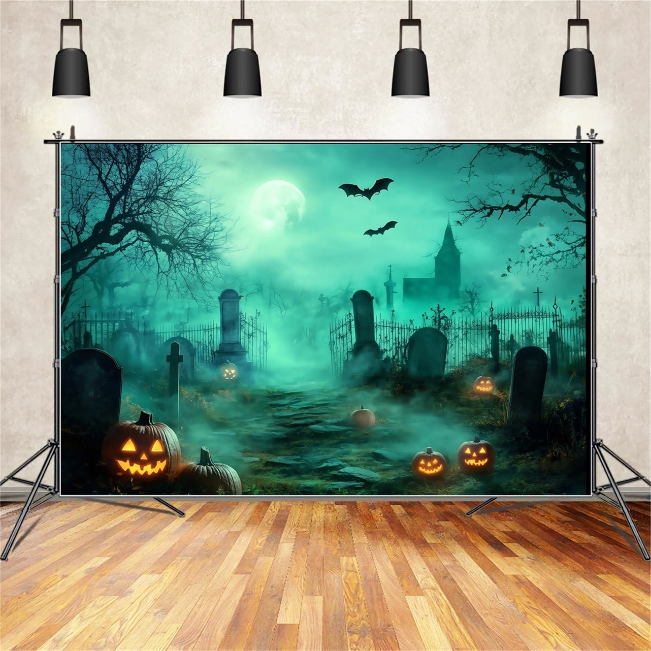 Halloween Graveyard Backdrop Foggy Graveyard Path with Glowing Jack-O’-Lanterns Halloween Backdrops for Photos TWW58-30