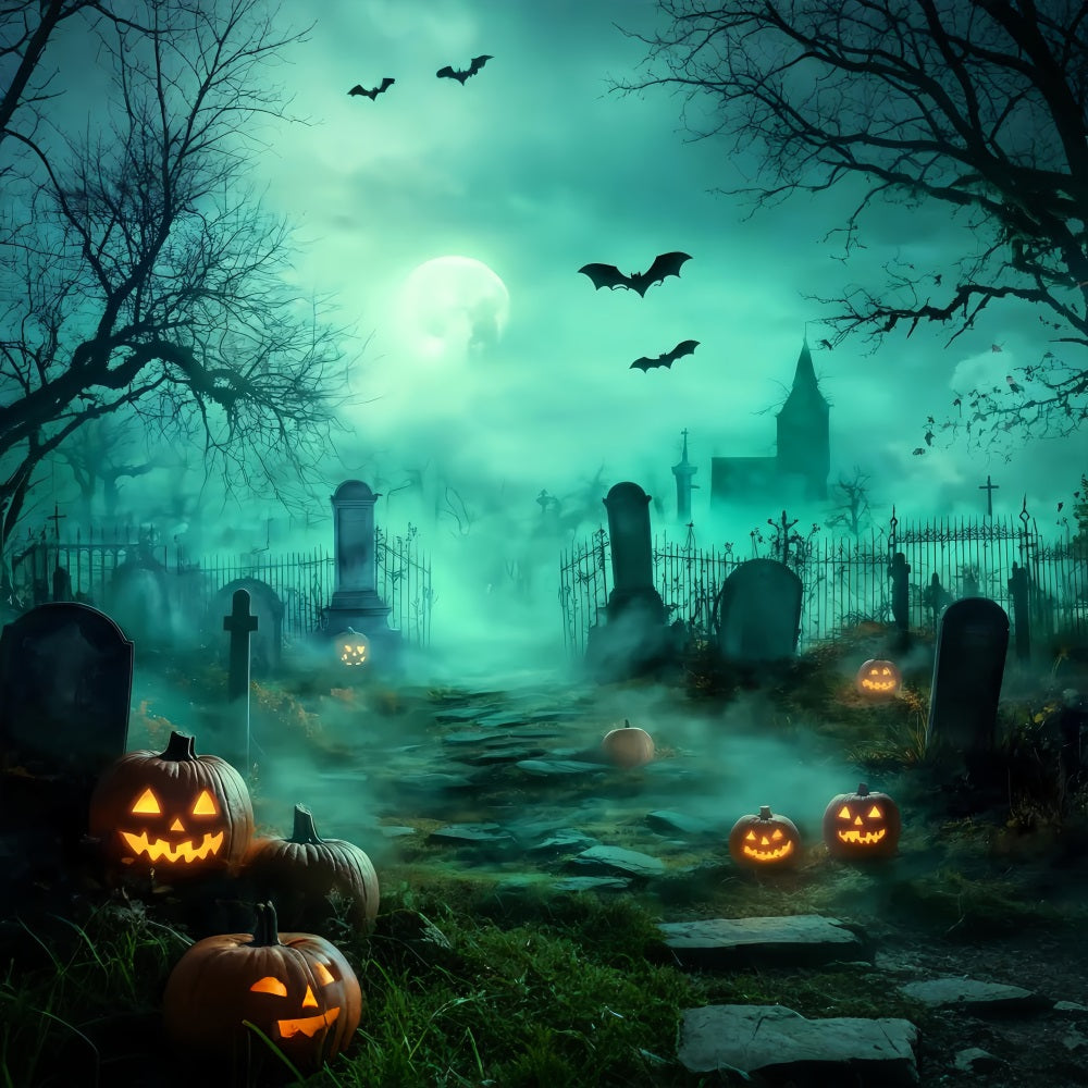 Halloween Graveyard Backdrop Foggy Graveyard Path with Glowing Jack-O’-Lanterns Halloween Backdrops for Photos TWW58-30