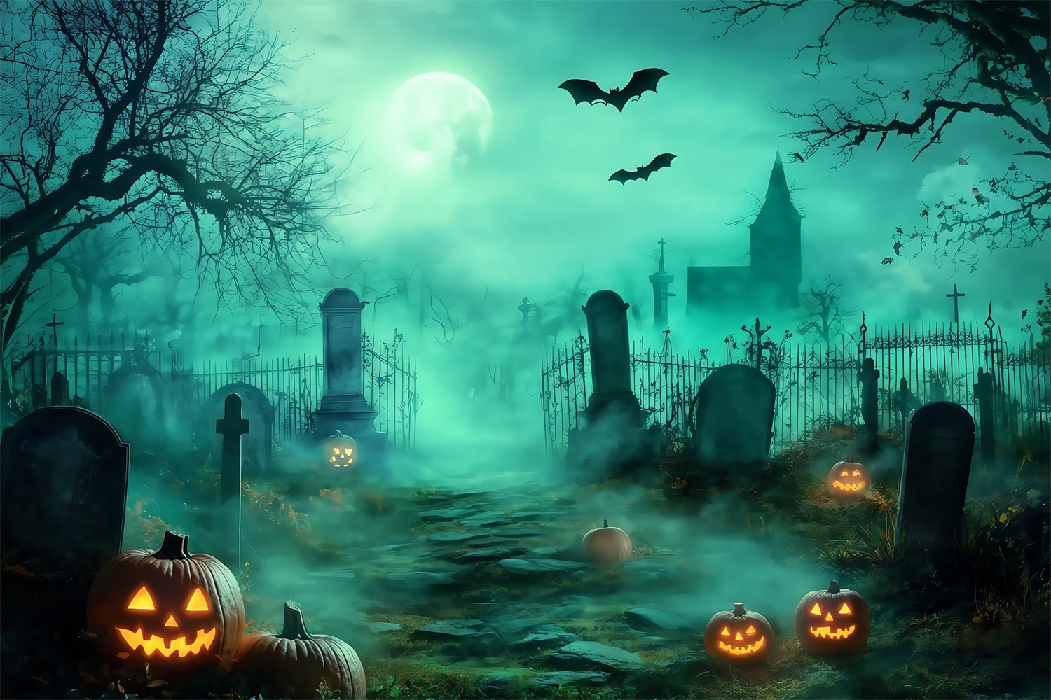 Halloween Graveyard Backdrop Foggy Graveyard Path with Glowing Jack-O’-Lanterns Halloween Backdrops for Photos TWW58-30