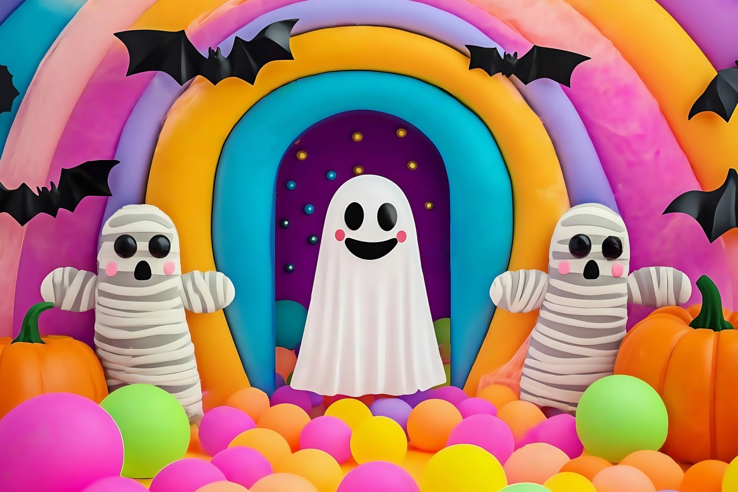 Halloween Wall Backdrop Colorful Rainbow Ghost and Mummy Display Spooky Halloween Backdrop TWW58-36