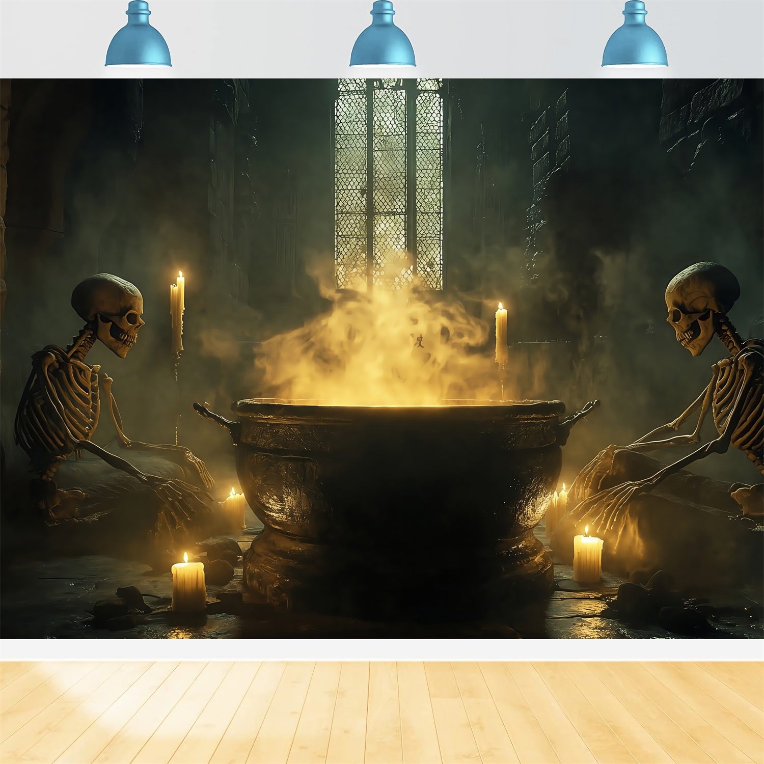 Haunted House Backdrop Skeletons Stirring Bubbling Witch Cauldron Spooky Halloween Backdrop TWW58-38