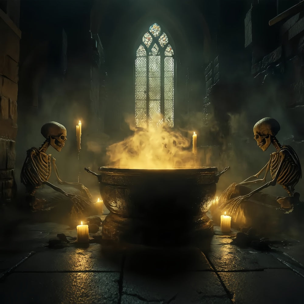 Haunted House Backdrop Skeletons Stirring Bubbling Witch Cauldron Spooky Halloween Backdrop TWW58-38