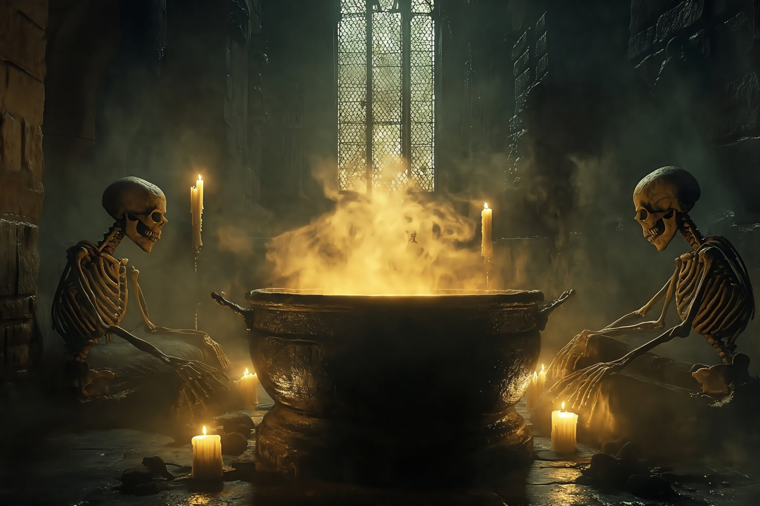 Haunted House Backdrop Skeletons Stirring Bubbling Witch Cauldron Spooky Halloween Backdrop TWW58-38