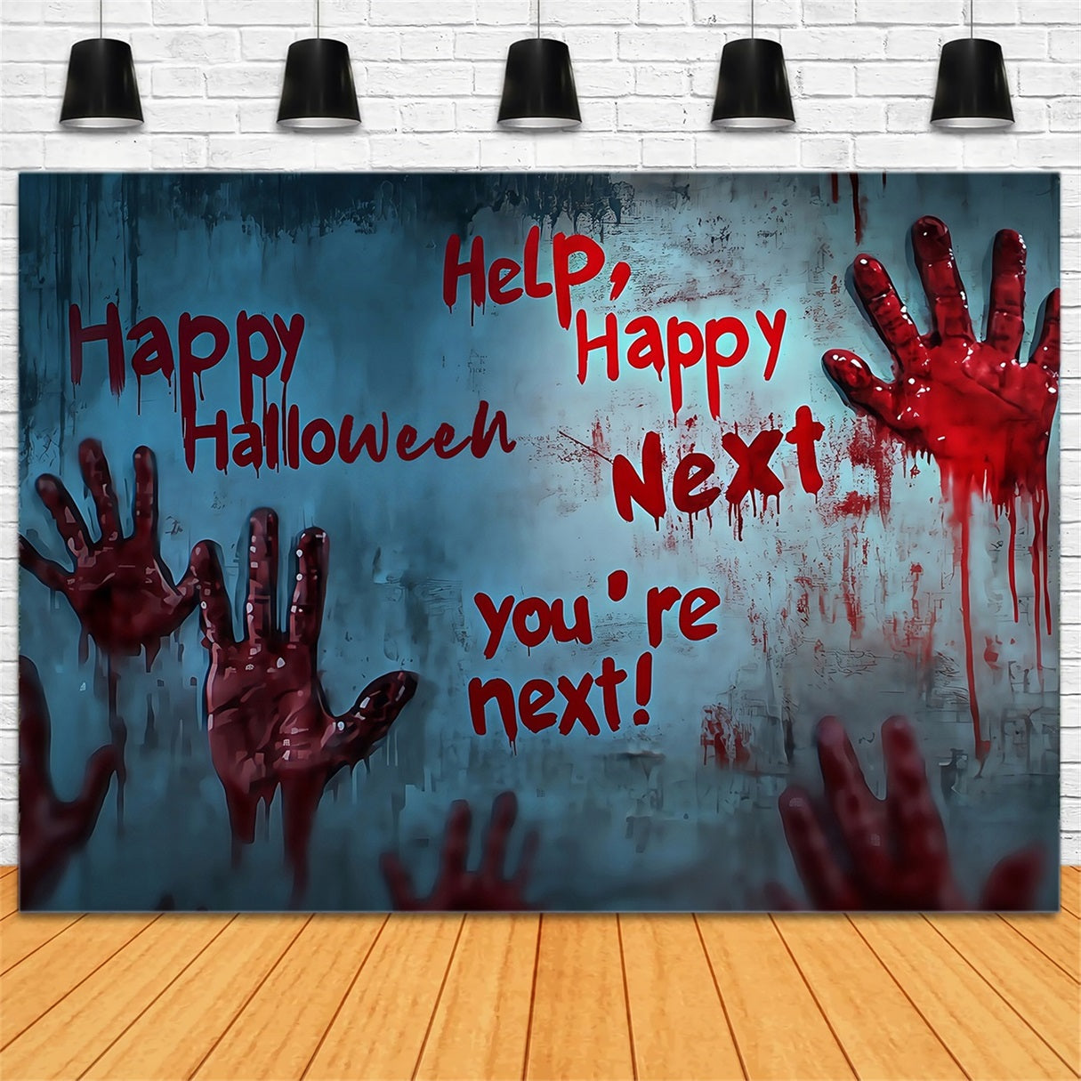 Garage Door Halloween Backdrop Bloody Handprints and Scary Warnings Scary Halloween Backdrops TWW58-4