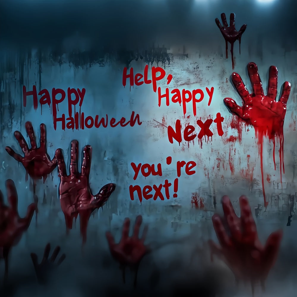 Garage Door Halloween Backdrop Bloody Handprints and Scary Warnings Scary Halloween Backdrops TWW58-4