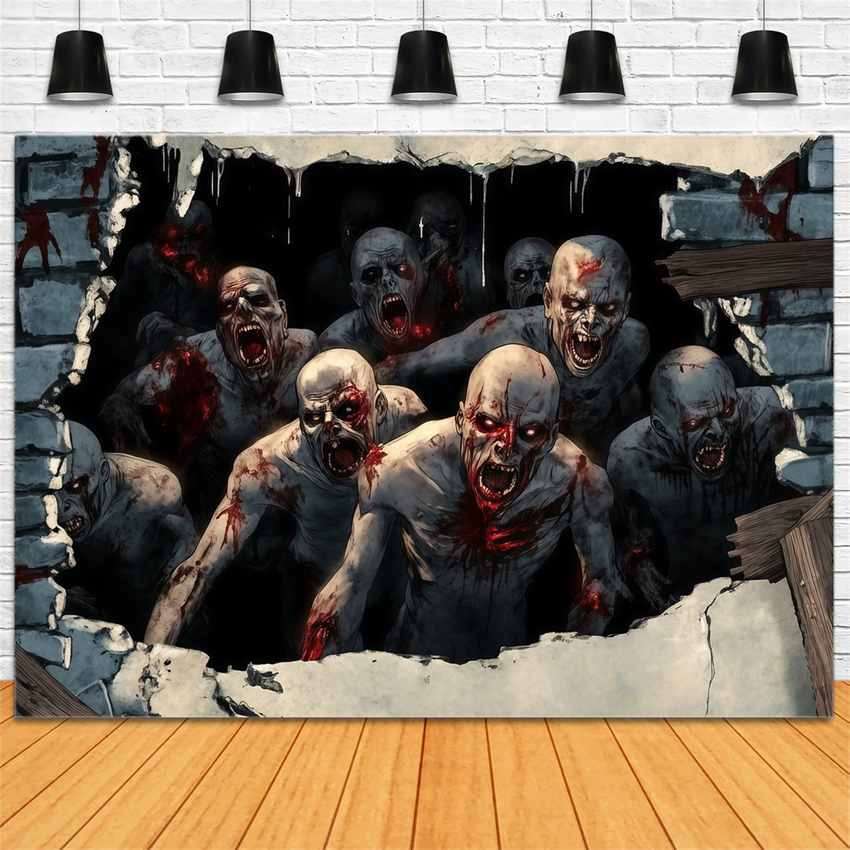 Garage Door Halloween Backdrop Bloodthirsty Zombies Breaking Through Wall Scary Halloween Backdrops TWW58-40