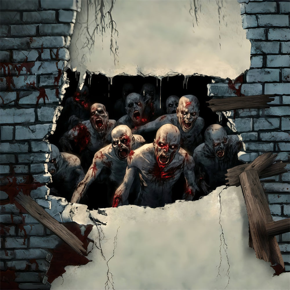 Garage Door Halloween Backdrop Bloodthirsty Zombies Breaking Through Wall Scary Halloween Backdrops TWW58-40