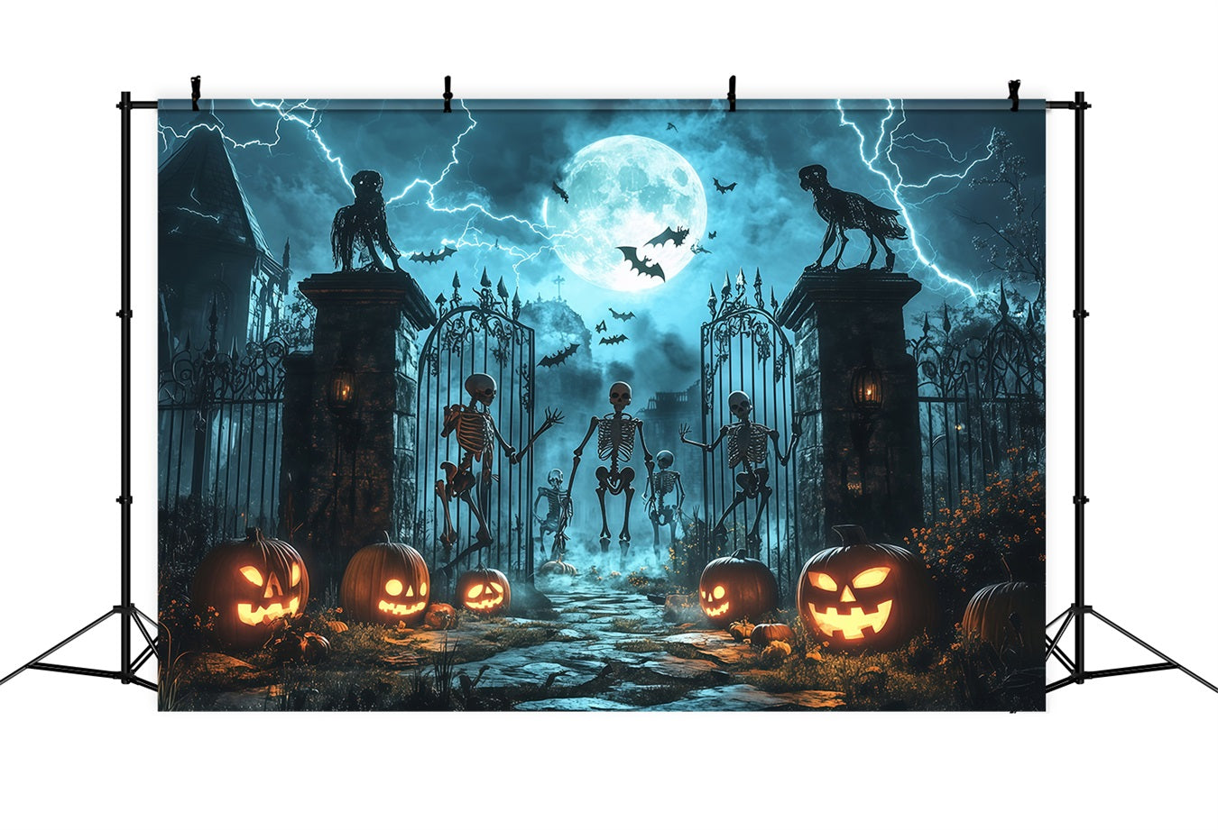 Halloween Skeletons and Pumpkins at Haunted Gates Halloween Photography Backdrop TWW58-43