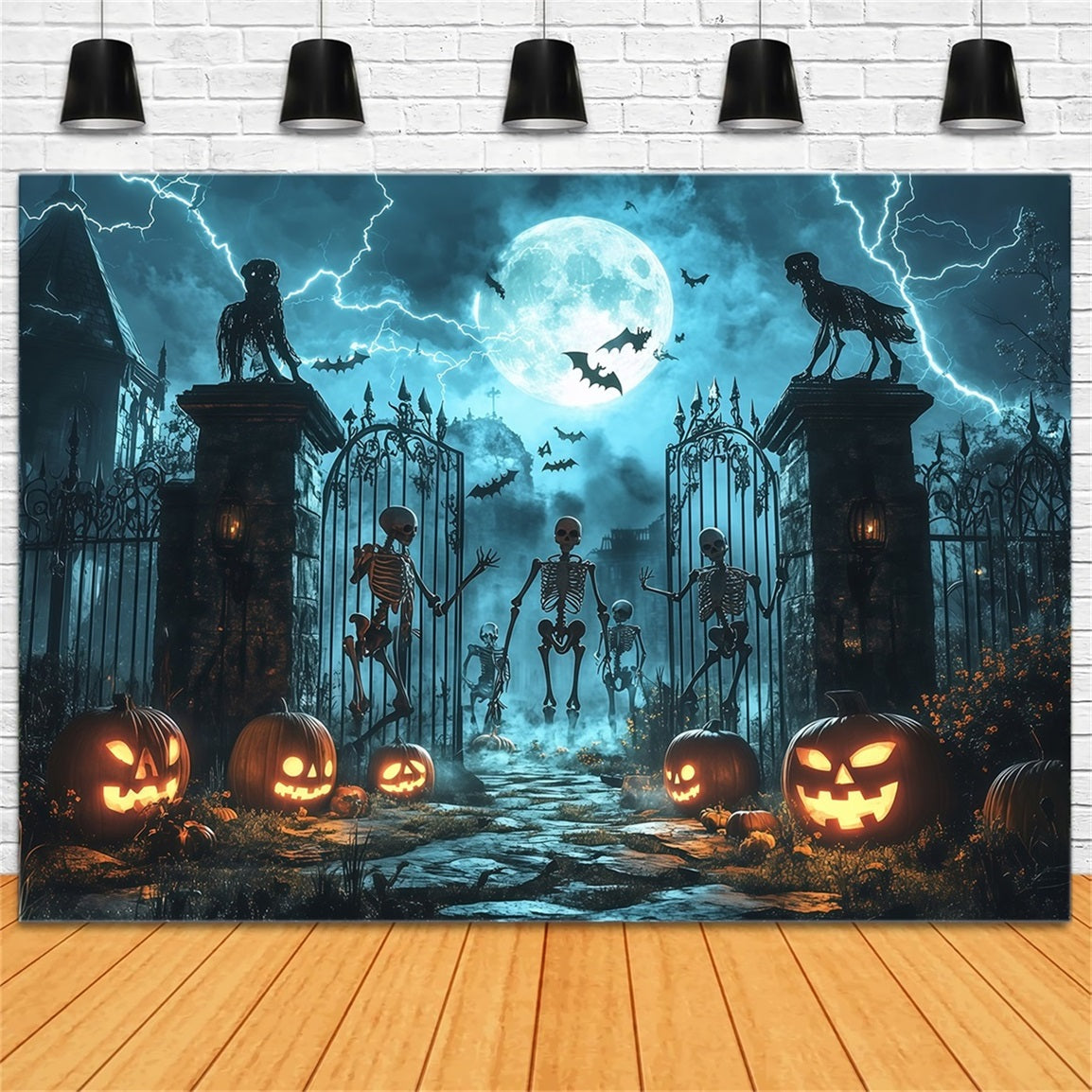 Halloween Skeletons and Pumpkins at Haunted Gates Halloween Photography Backdrop TWW58-43