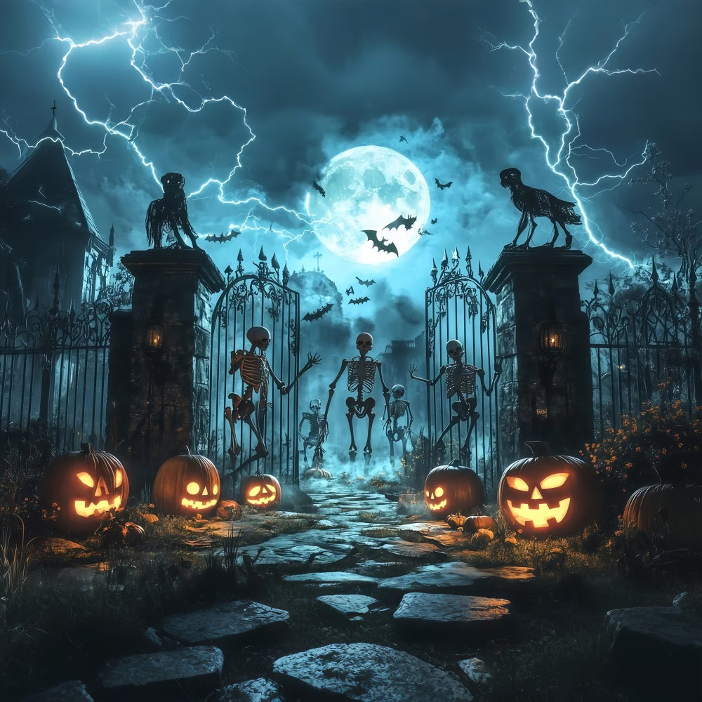 Halloween Skeletons and Pumpkins at Haunted Gates Halloween Photography Backdrop TWW58-43
