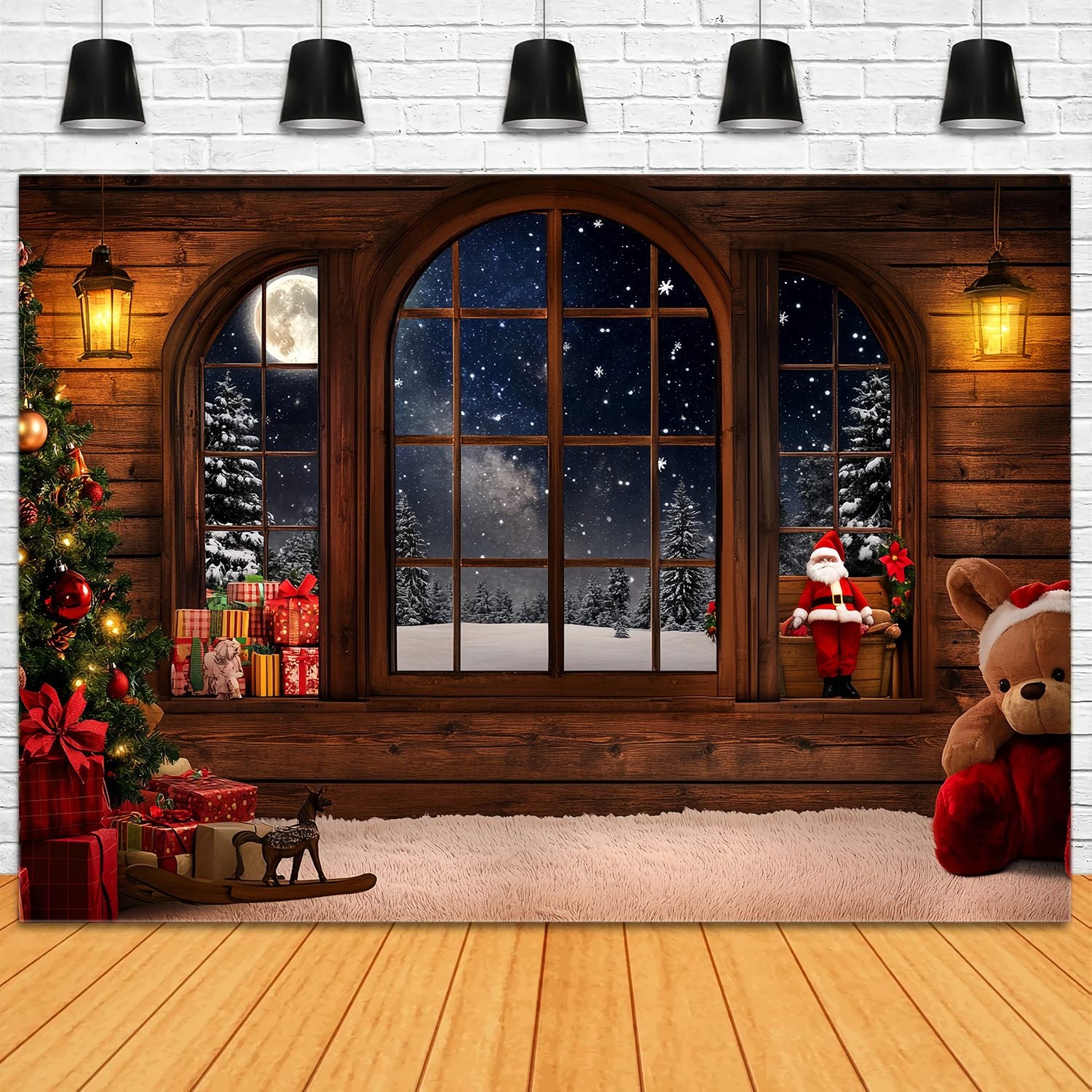 Santa Backdrop Cozy Cabin Window Santa Gifts Christmas Backdrop TWW58-53
