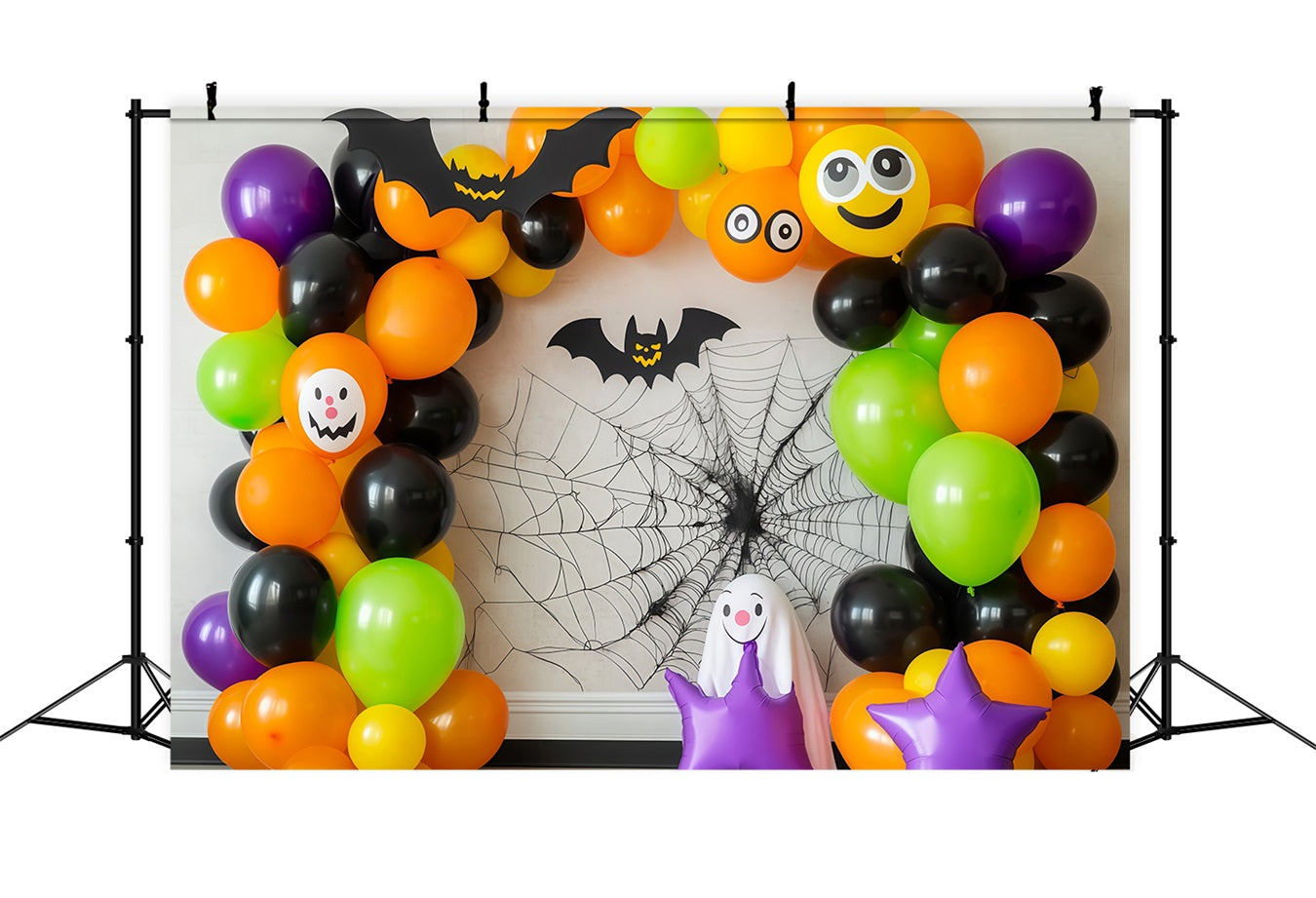 Halloween Wall Backdrop Colorful Balloon Arch with Bats and Ghosts Halloween Backdrops TWW58-6