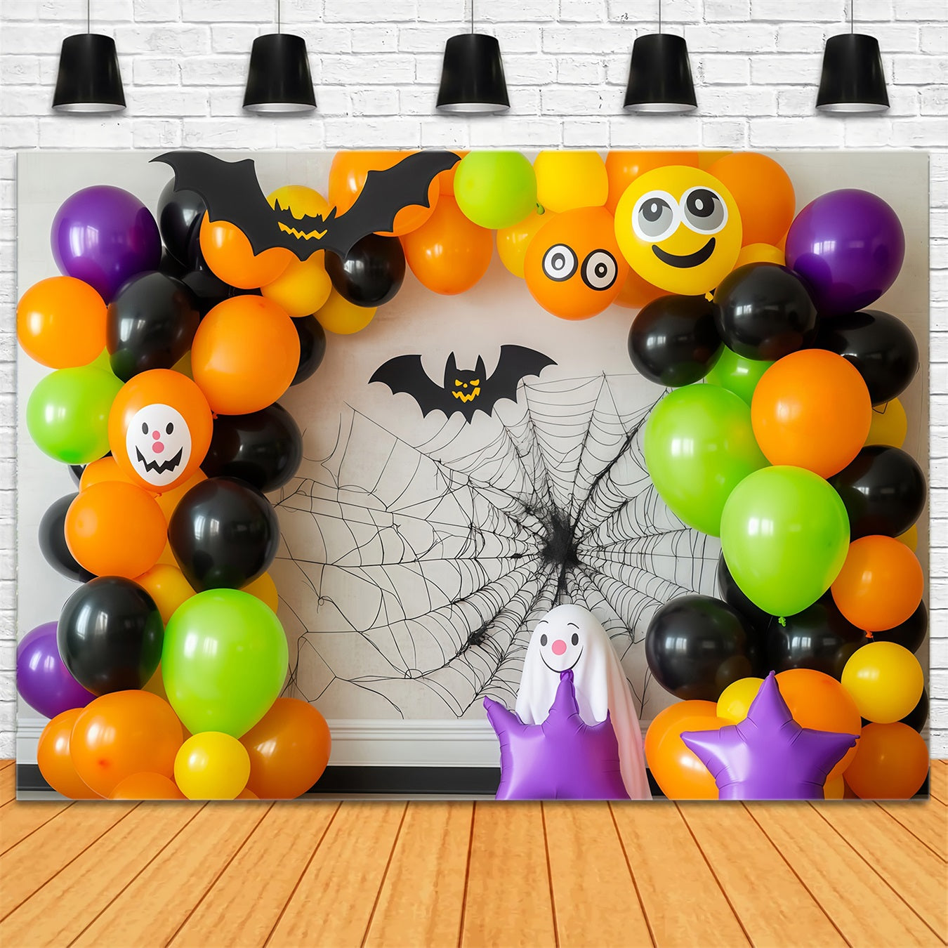 Halloween Wall Backdrop Colorful Balloon Arch with Bats and Ghosts Halloween Backdrops TWW58-6