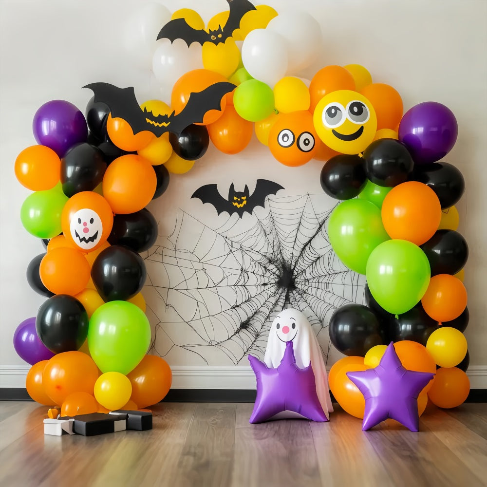 Halloween Wall Backdrop Colorful Balloon Arch with Bats and Ghosts Halloween Backdrops TWW58-6