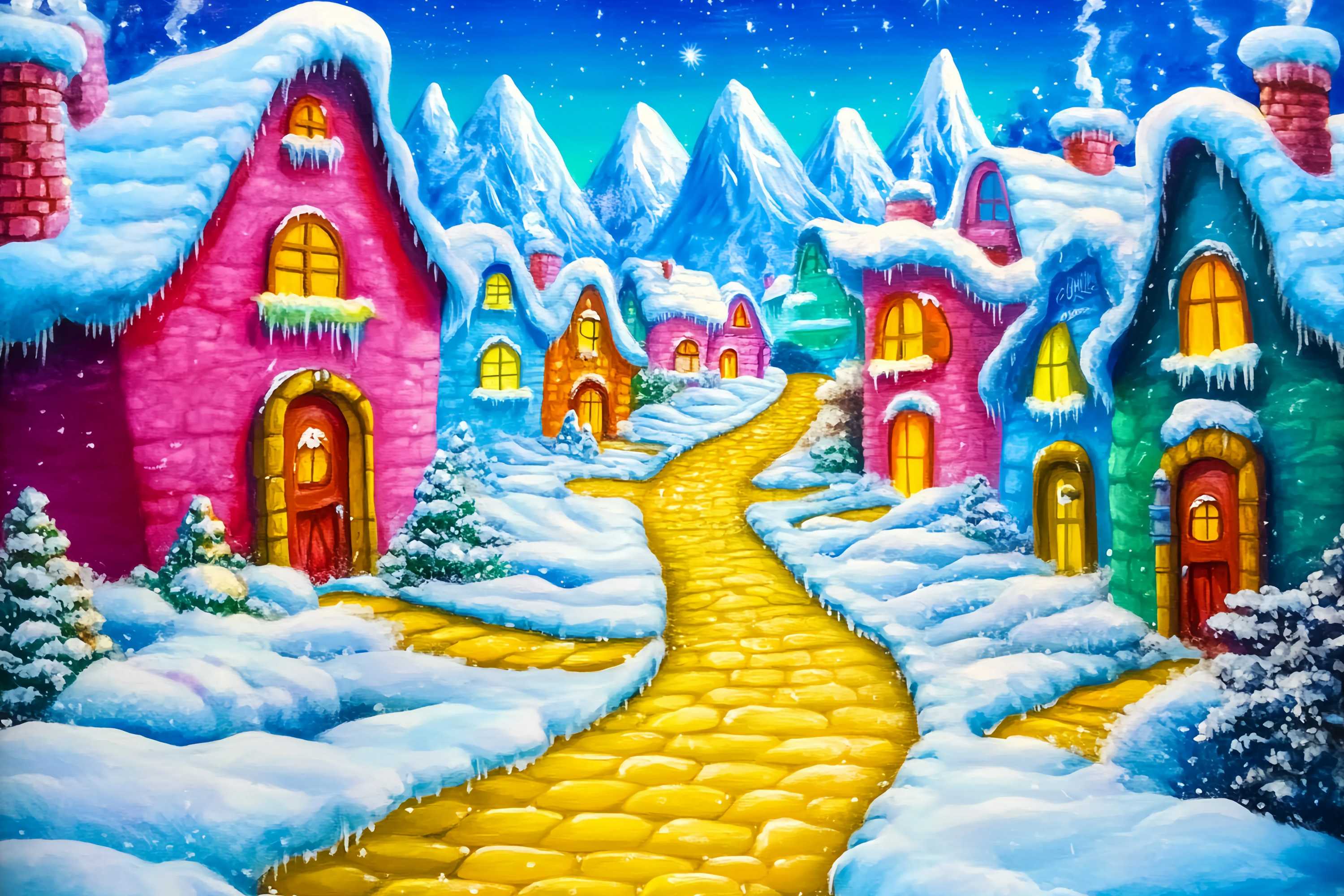 Christmas Village Backdrop Golden Path Snowy Colorful Cottages Christmas Photo Backdrop TWW58-67
