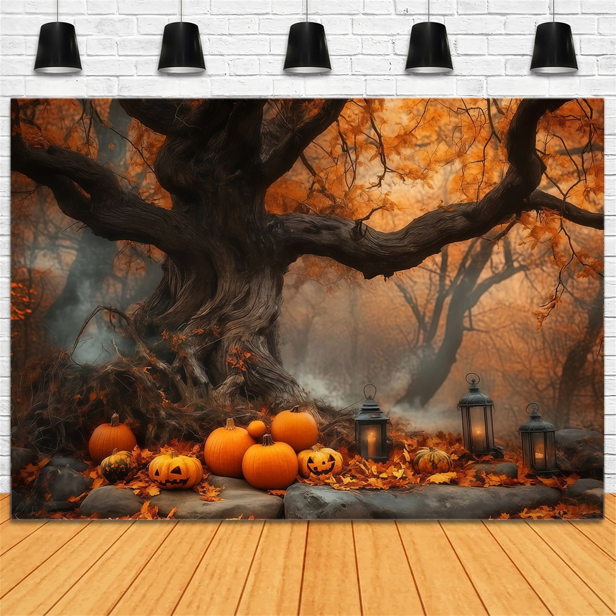 Halloween Pumpkin Patch Under Ancient Autumn Tree Halloween Backdrops TWW58-7