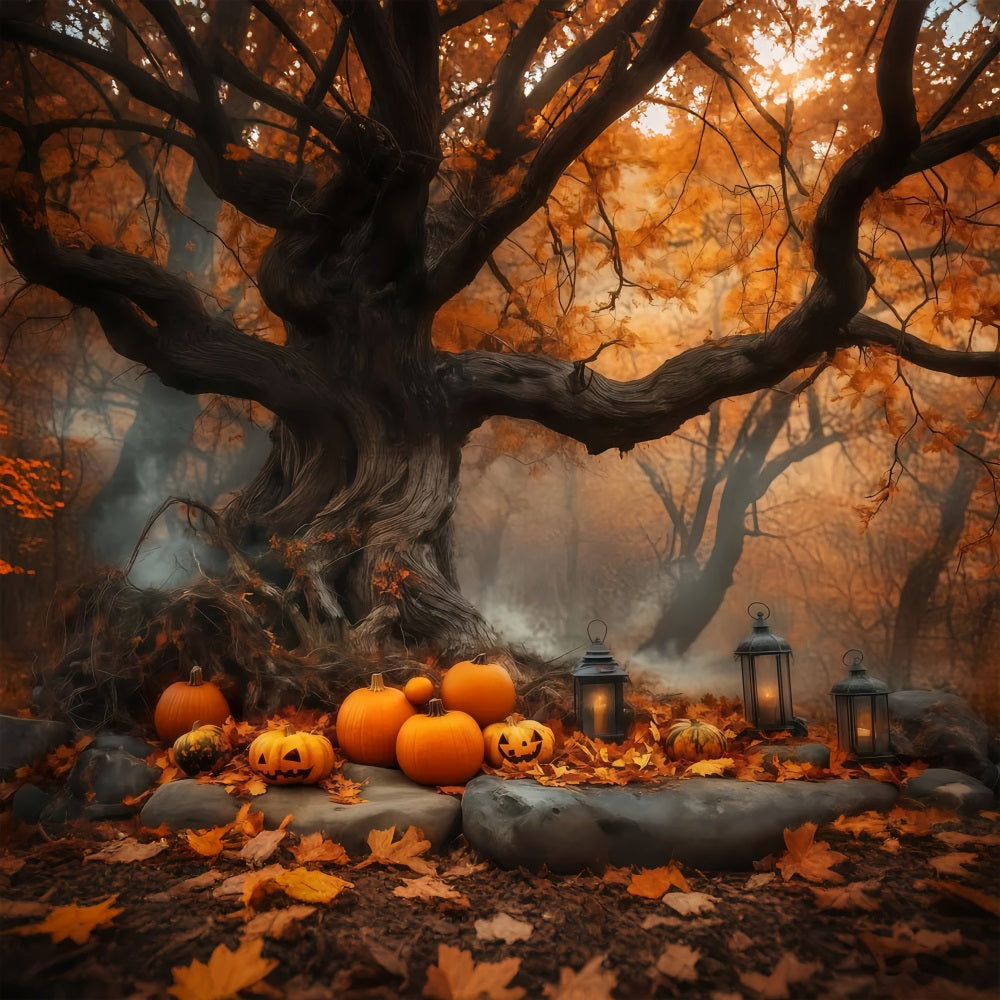 Halloween Pumpkin Patch Under Ancient Autumn Tree Halloween Backdrops TWW58-7