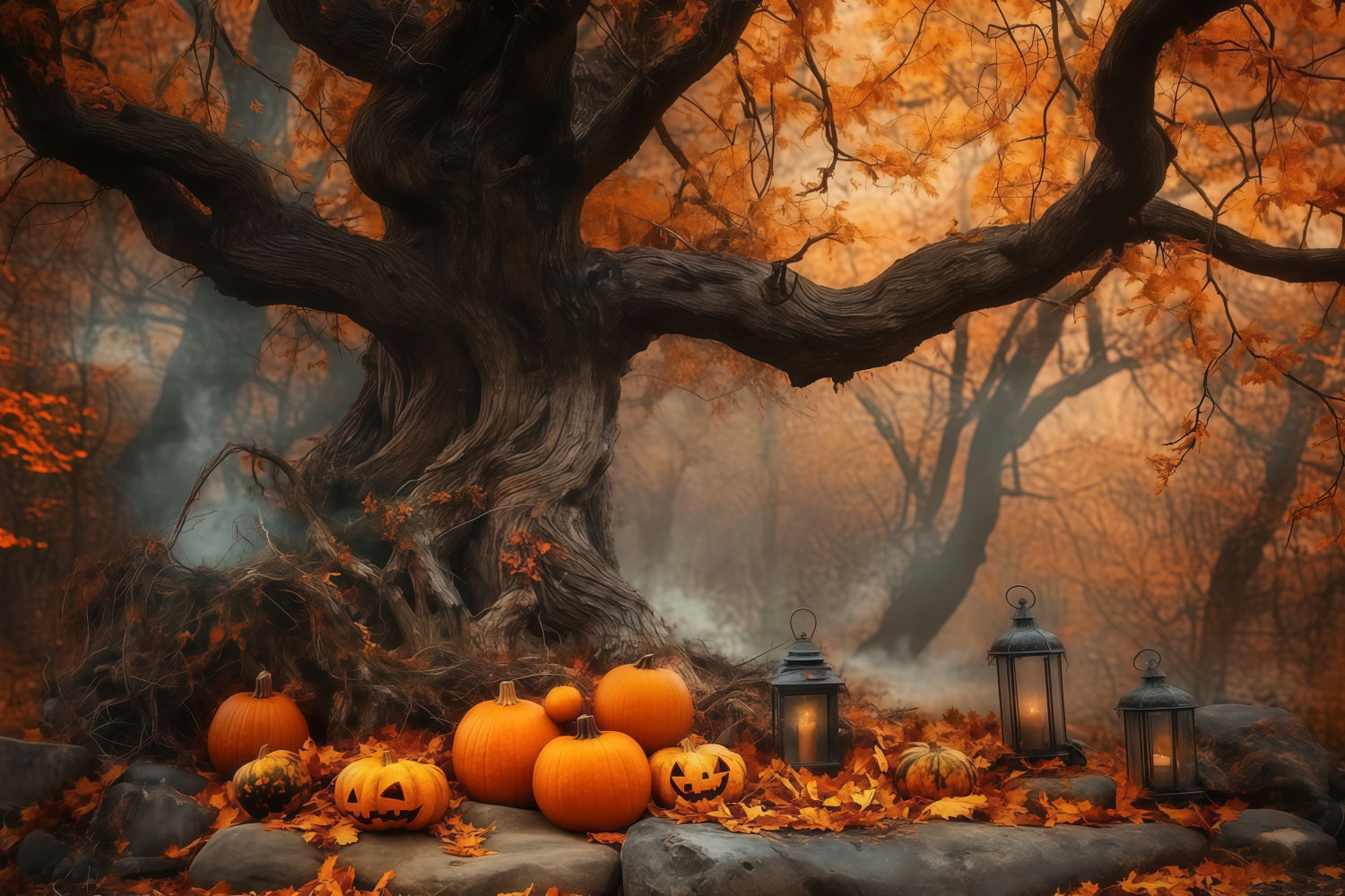 Halloween Pumpkin Patch Under Ancient Autumn Tree Halloween Backdrops TWW58-7