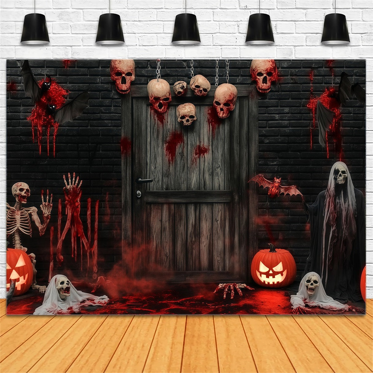 Garage Door Halloween Backdrop Bloody Skulls and Skeletons at Haunted Door Scary Halloween Backdrops TWW58-8