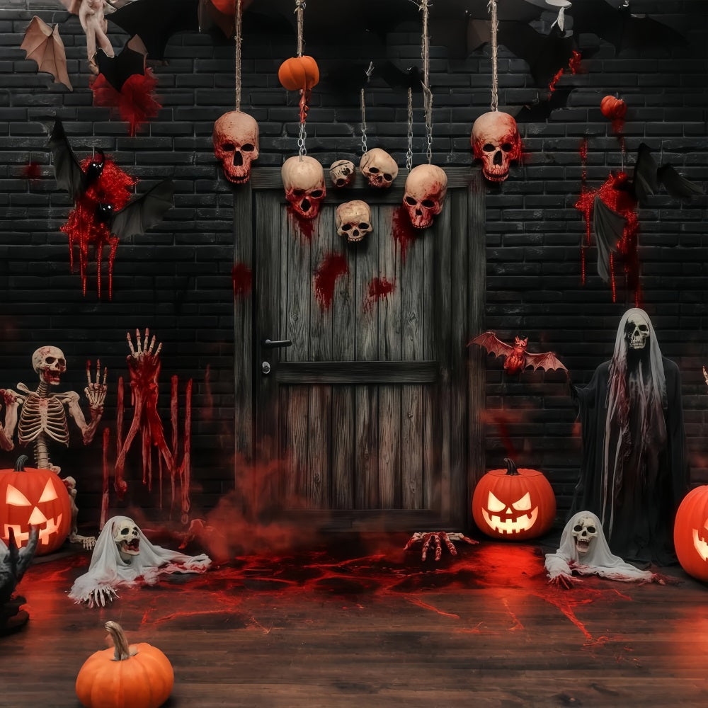 Garage Door Halloween Backdrop Bloody Skulls and Skeletons at Haunted Door Scary Halloween Backdrops TWW58-8