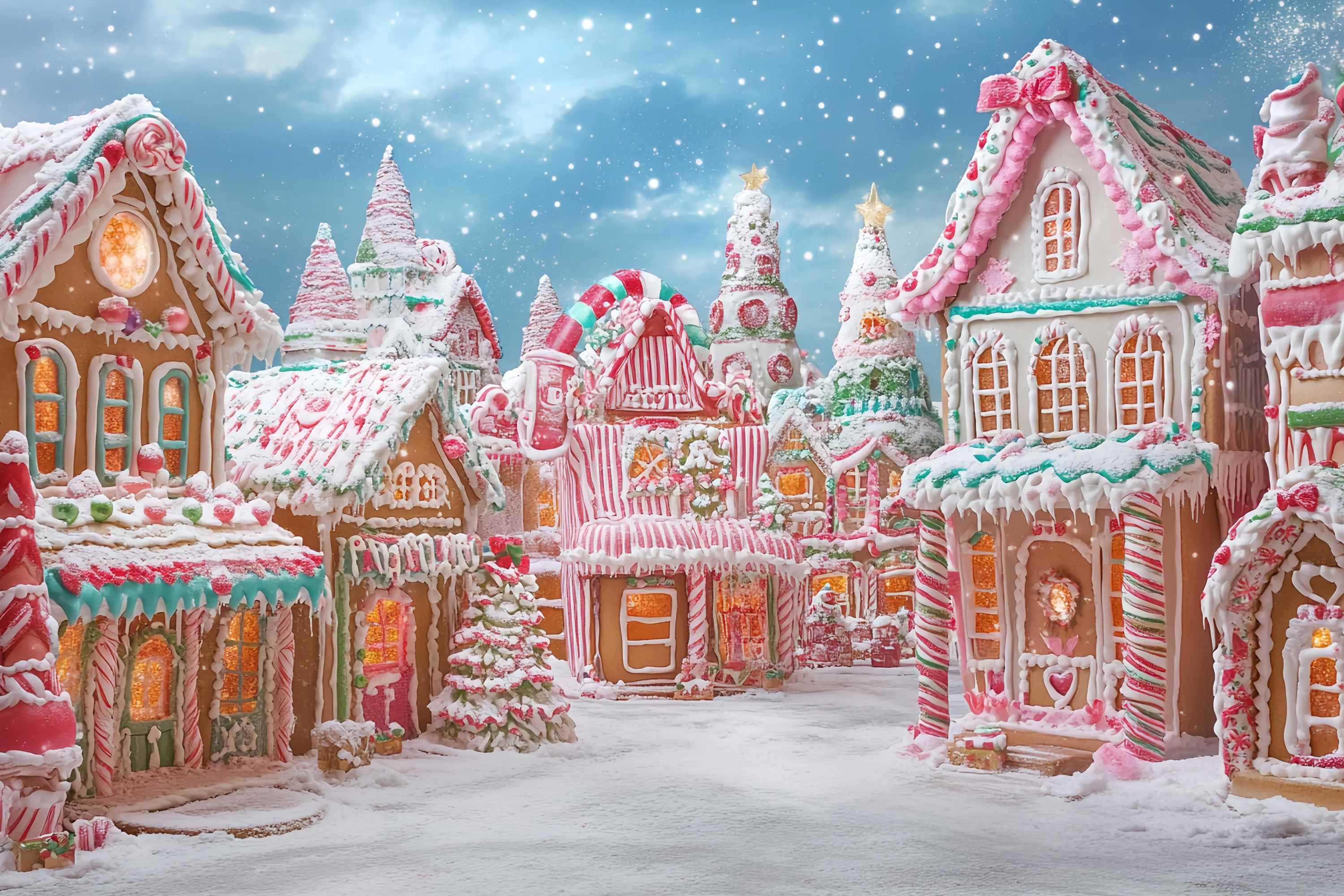 Candyland Christmas Backdrop Candy Cane Gingerbread Village Wonderland Christmas Backdrops for Photos TWW58-87