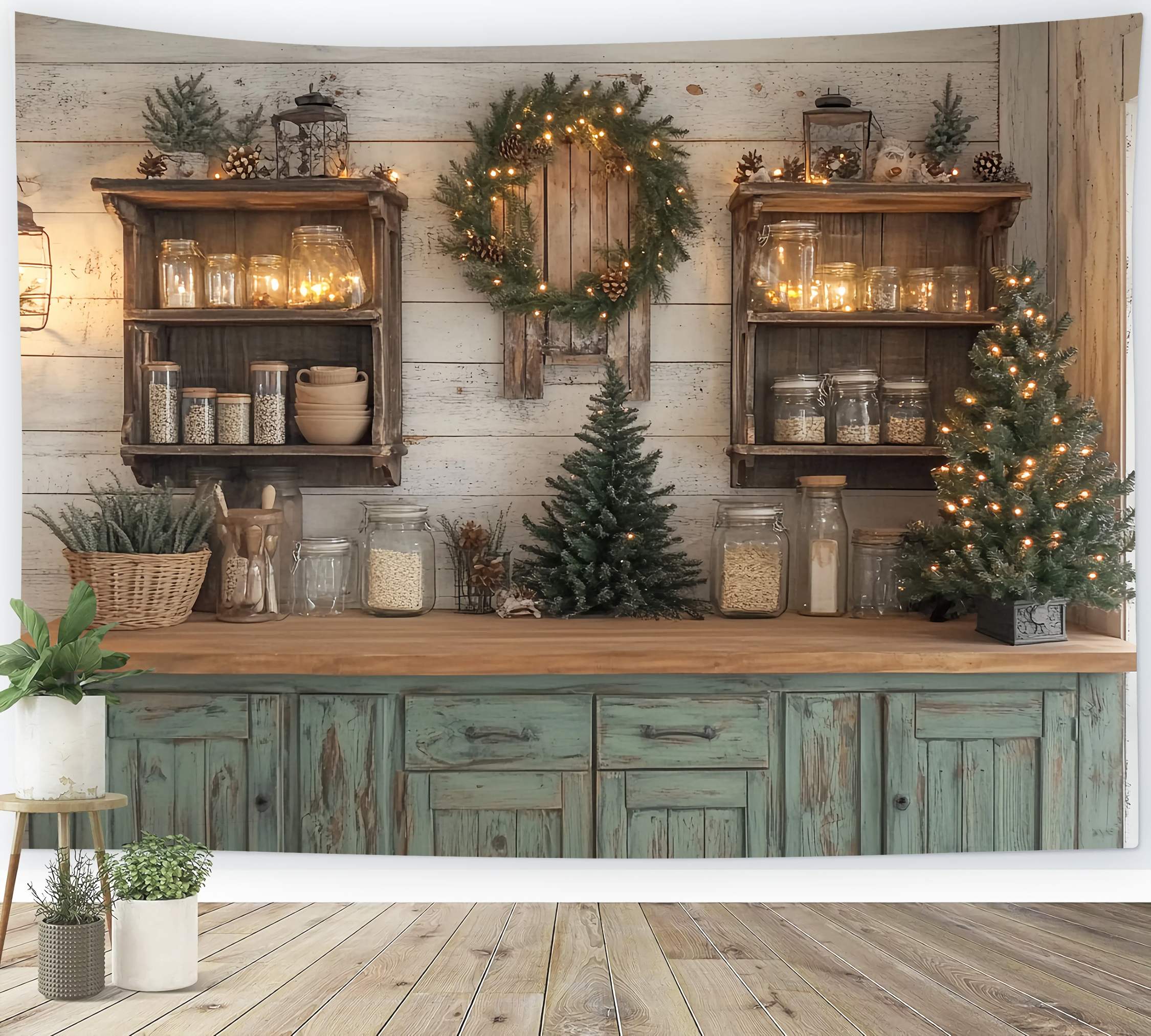 Christmas Kitchen Backdrop Rustic Kitchen Shelves Pine Garland Glow Christmas Photo Backdrops TWW58-94