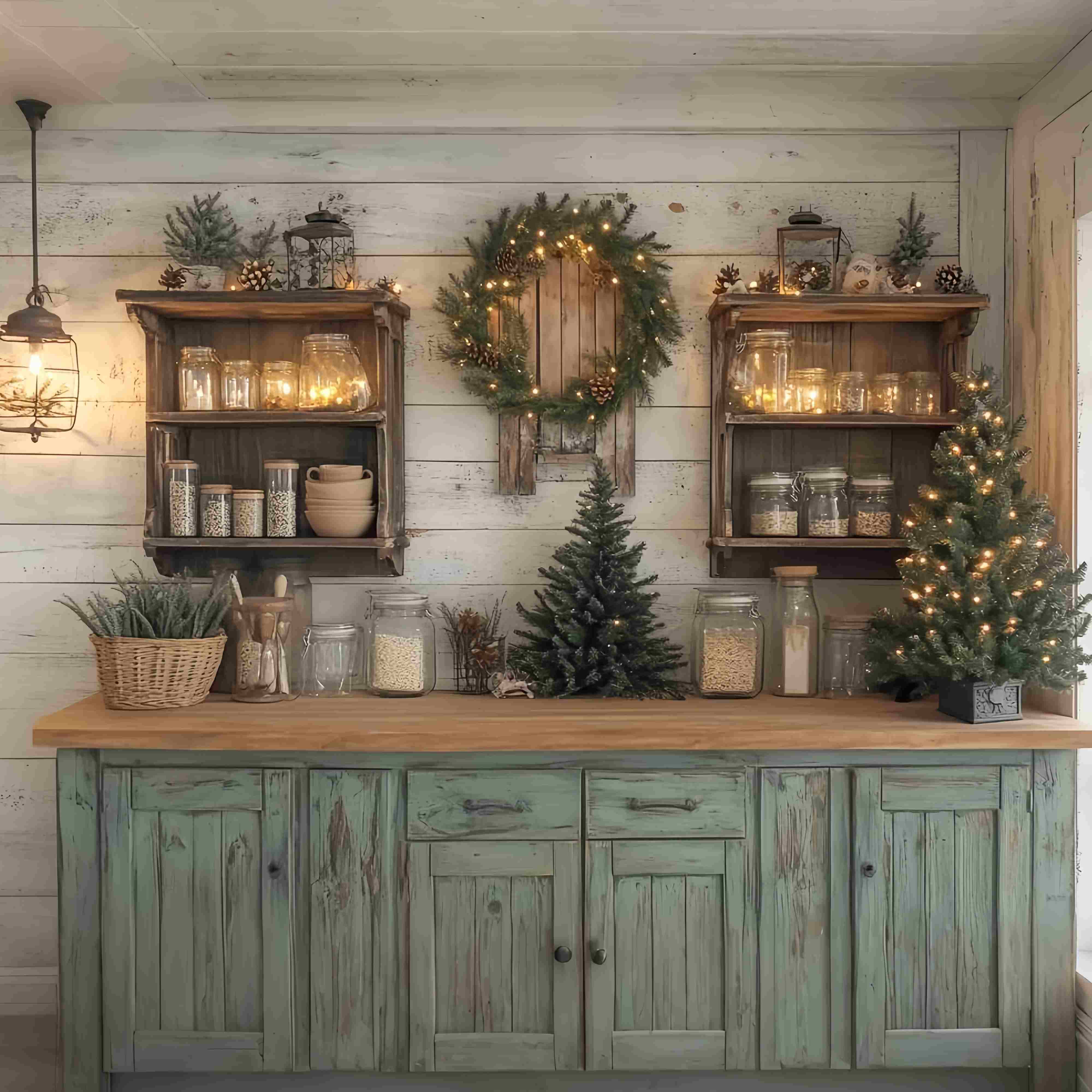 Christmas Kitchen Backdrop Rustic Kitchen Shelves Pine Garland Glow Christmas Photo Backdrops TWW58-94