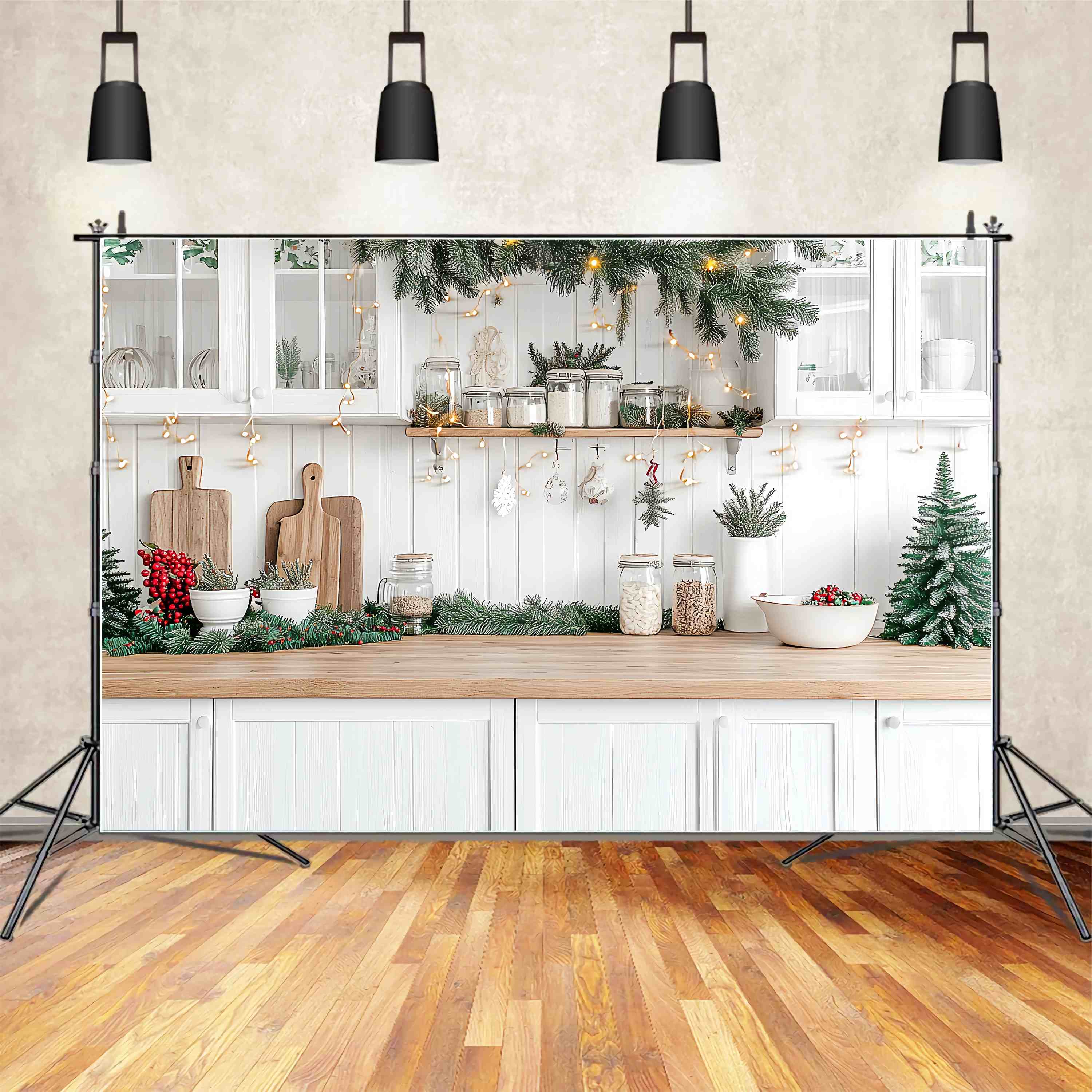 Christmas Kitchen Backdrop White Kitchen Counter Evergreen Garland Glow Christmas Backdrops for Photos TWW58-95