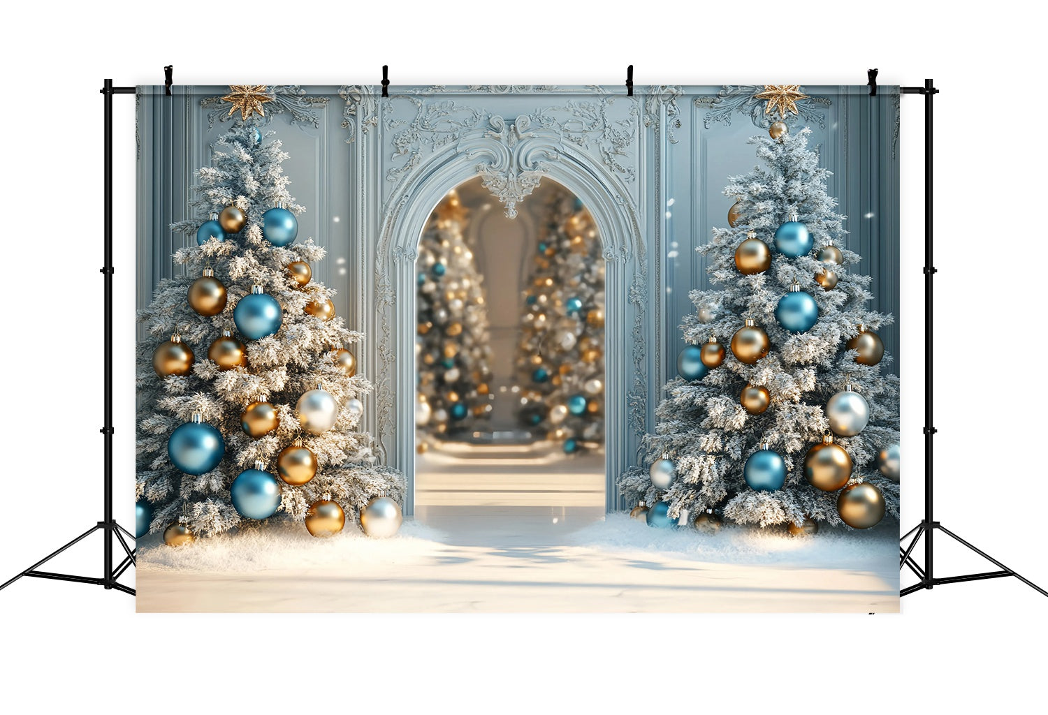 Christmas Tree Backdrop Frosted Blue Gold Ornament Trees Christmas Backdrops 10x10 TWW58-96