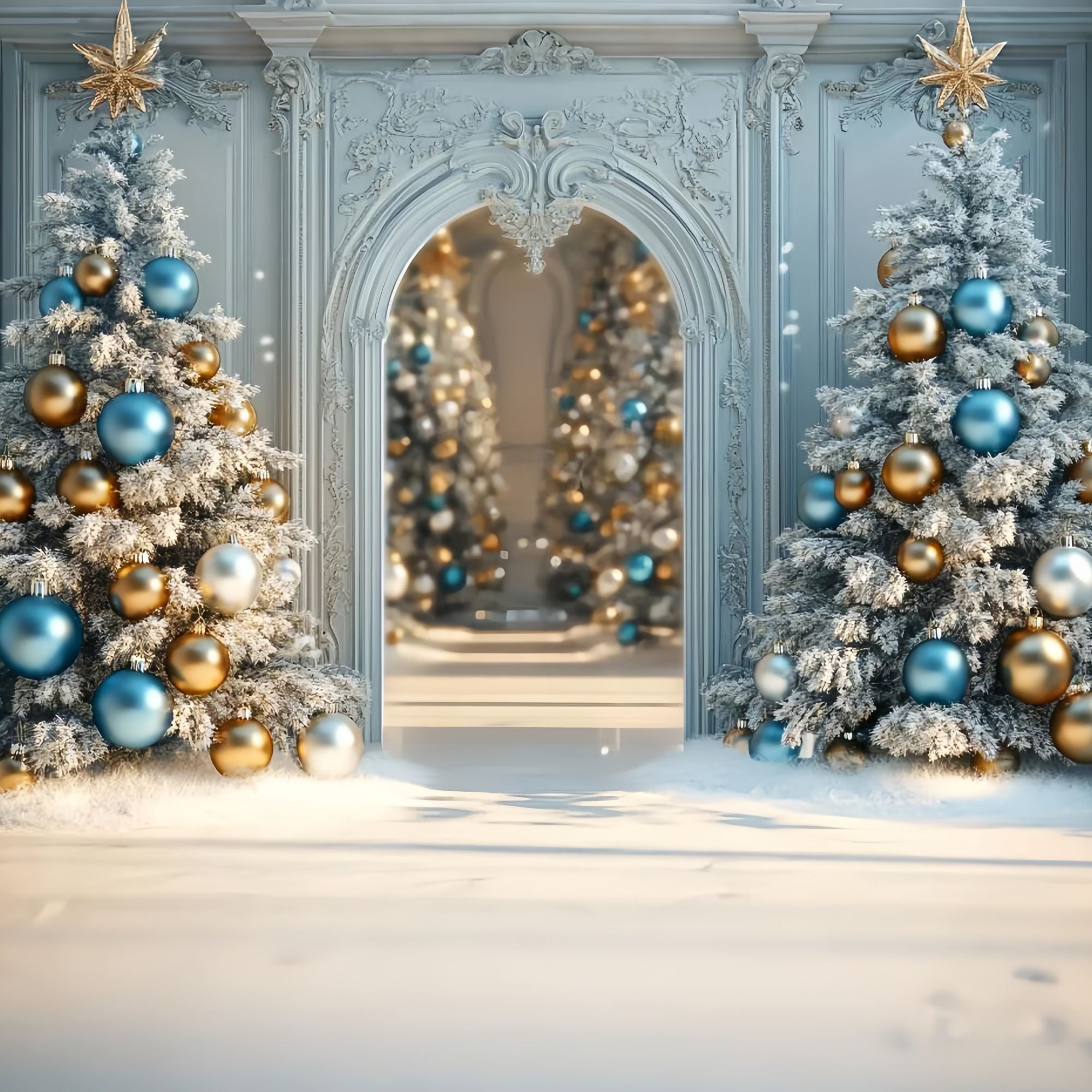Christmas Tree Backdrop Frosted Blue Gold Ornament Trees Christmas Backdrops 10x10 TWW58-96