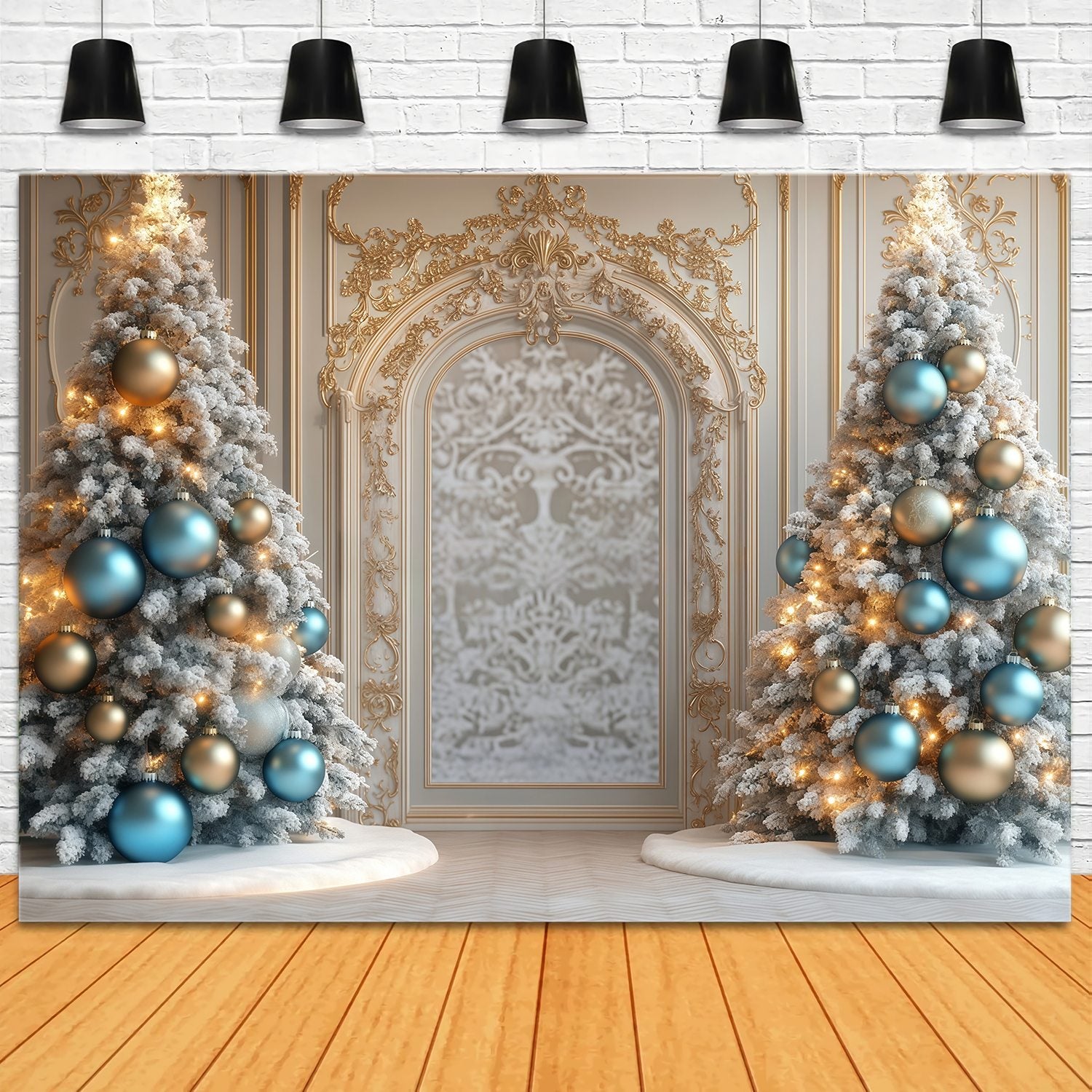 Christmas Tree Backdrop Golden Trim Frosted Trees Archway Christmas Backdrops for Photography TWW58-97