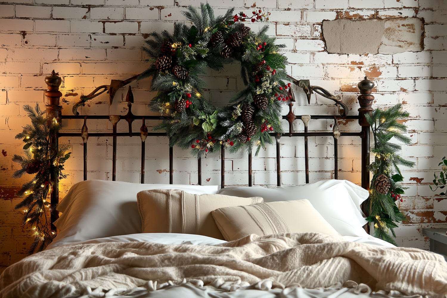 Headboard Backdrop Brick Wall Pinecone Wreath Christmas Photo Backdrop TWW59-102