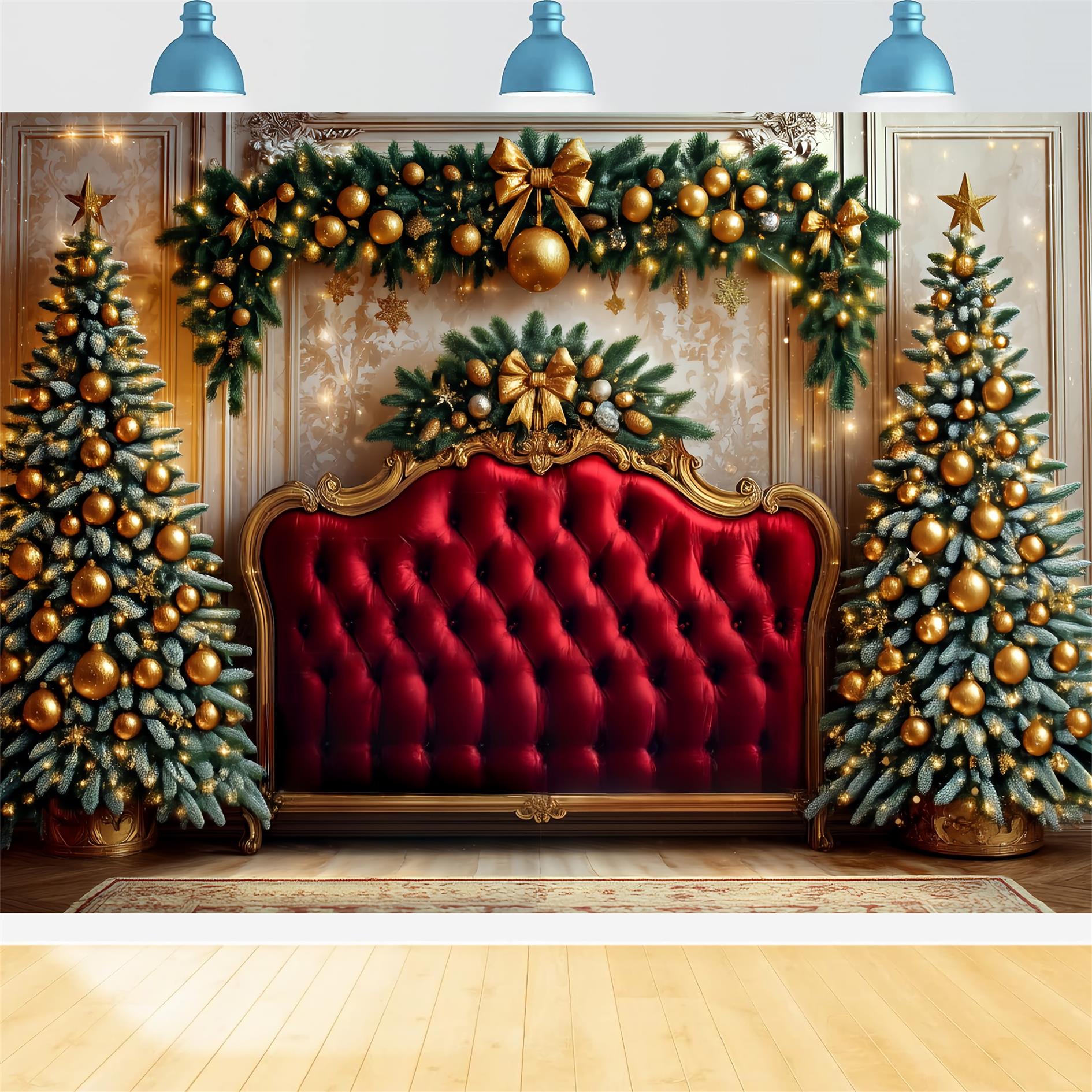 Headboard Backdrop Golden Ornaments Red Velvet Christmas Backdrop Ideas TWW59-104