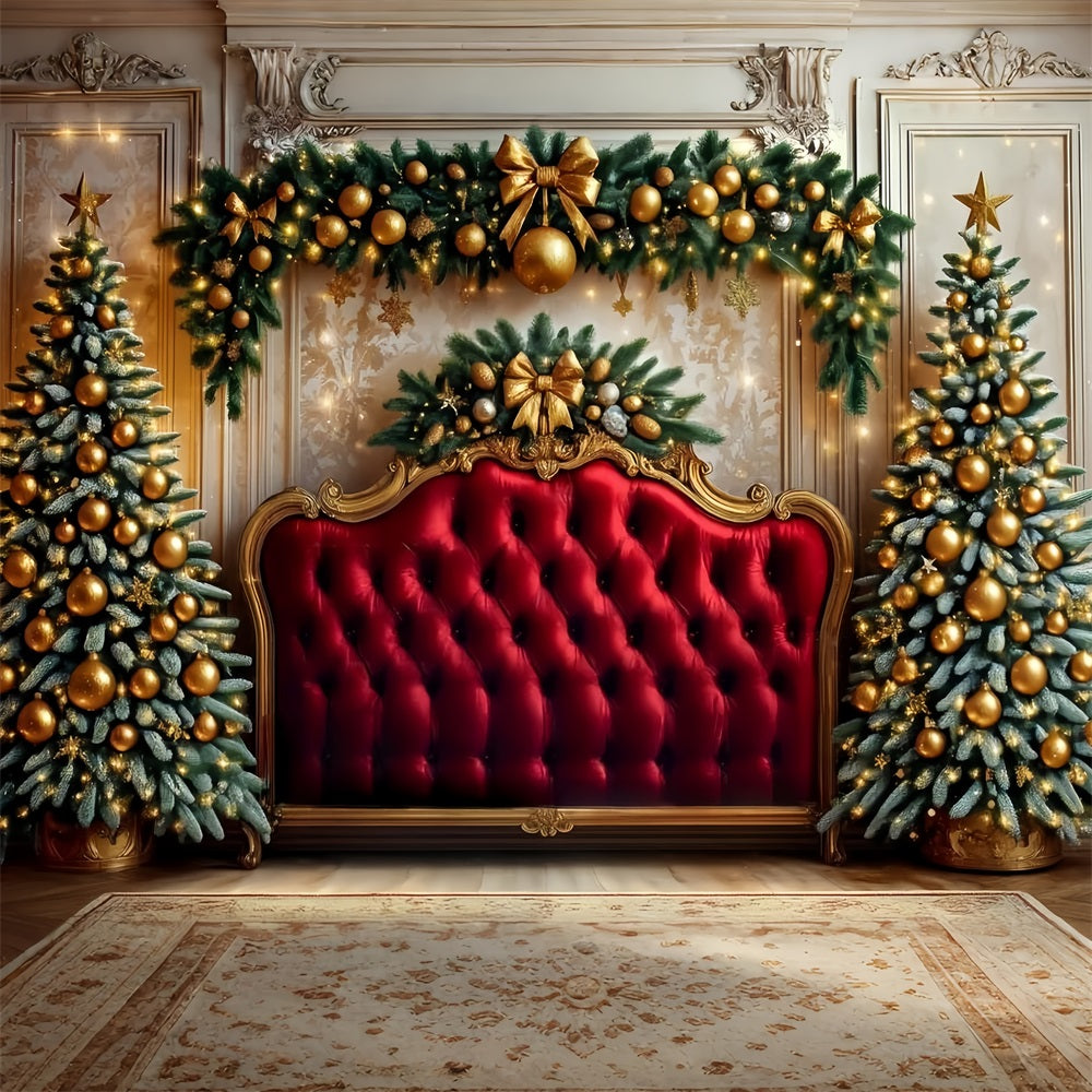 Headboard Backdrop Golden Ornaments Red Velvet Christmas Backdrop Ideas TWW59-104