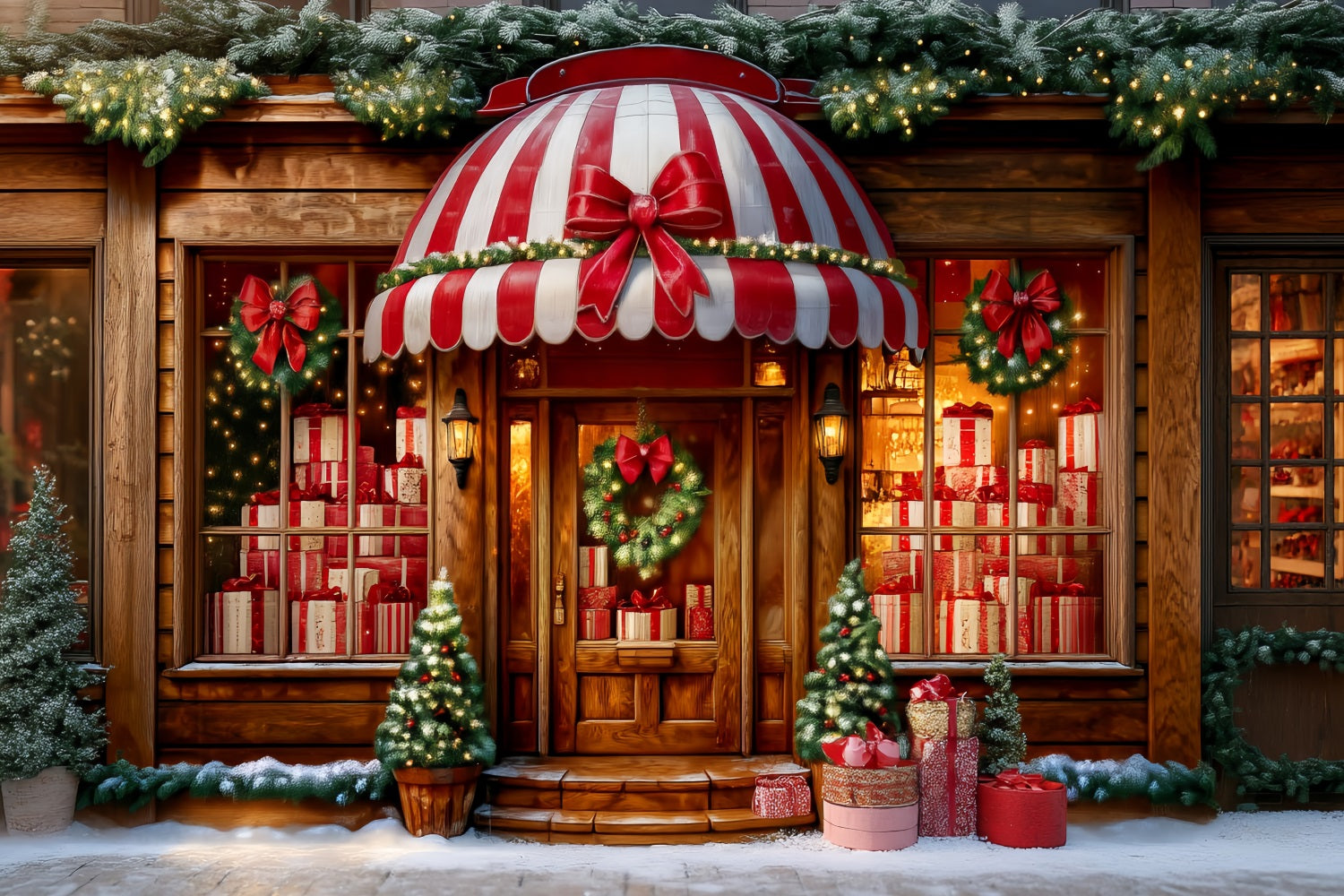 Toy Store Backdrop Striped Awning Gift Shopfront Christmas Backdrop Ideas TWW59-108